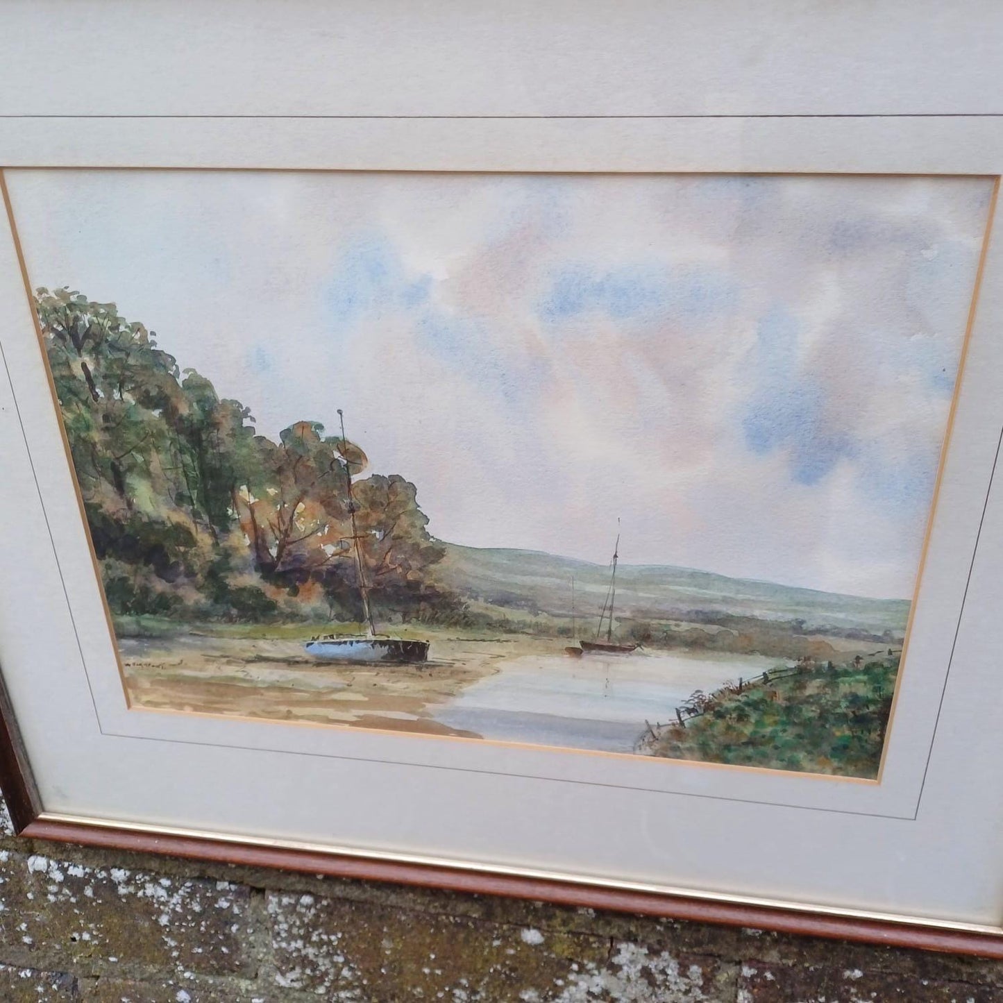 Mid-century watercolour of Piddinghoe and The Ouse, Lewes, Sussex by W Playfoot, glazed vintage frame and mount - excellent condition