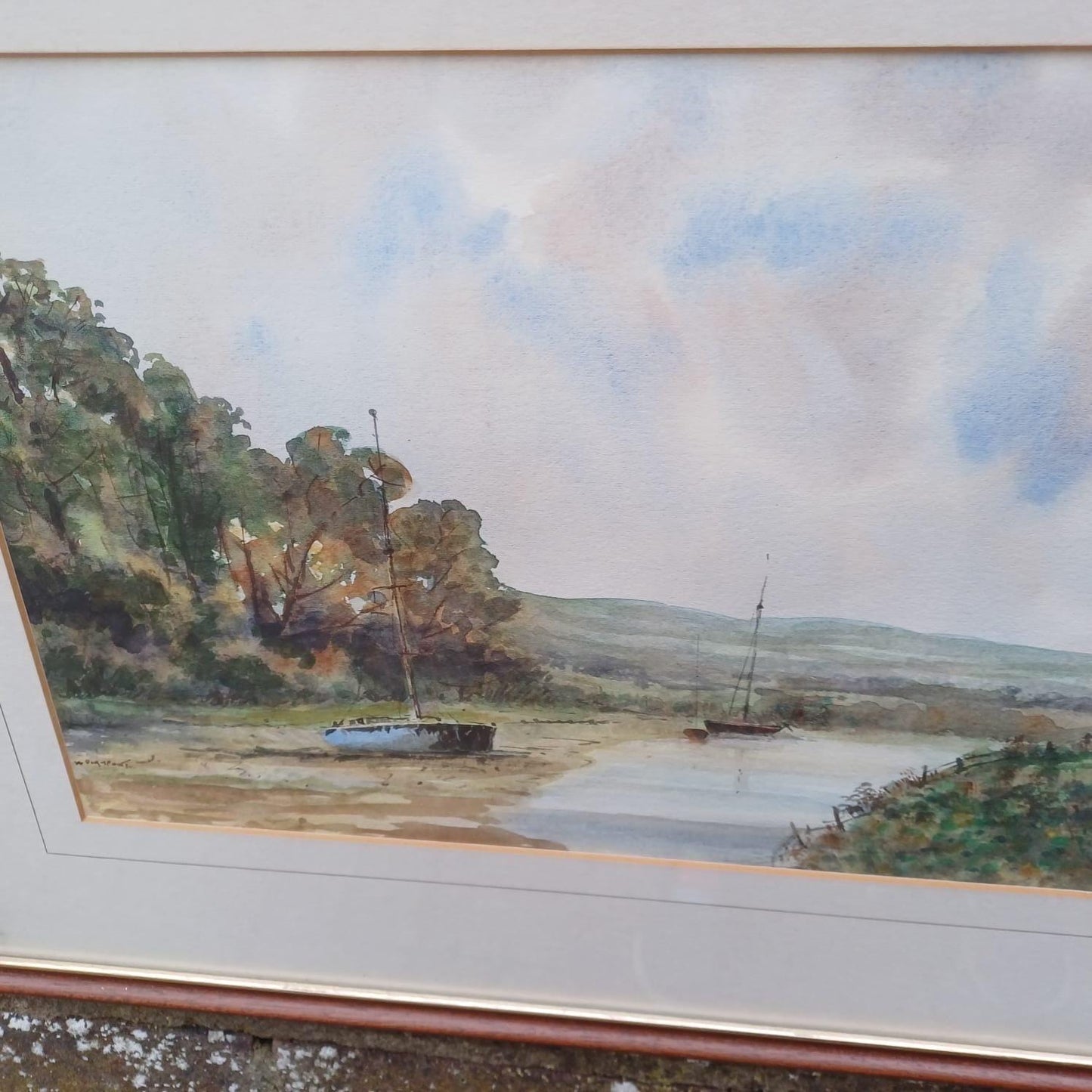 Mid-century watercolour of Piddinghoe and The Ouse, Lewes, Sussex by W Playfoot, glazed vintage frame and mount - excellent condition