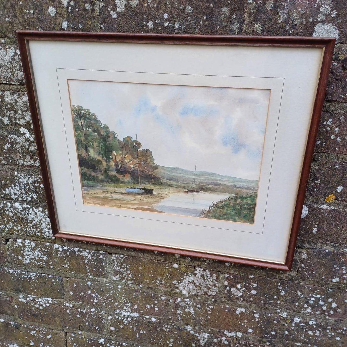 Mid-century watercolour of Piddinghoe and The Ouse, Lewes, Sussex by W Playfoot, glazed vintage frame and mount - excellent condition
