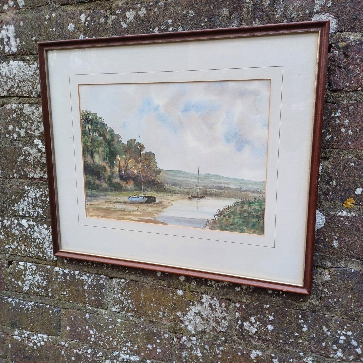 Mid-century watercolour of Piddinghoe and The Ouse, Lewes, Sussex by W Playfoot, glazed vintage frame and mount - excellent condition