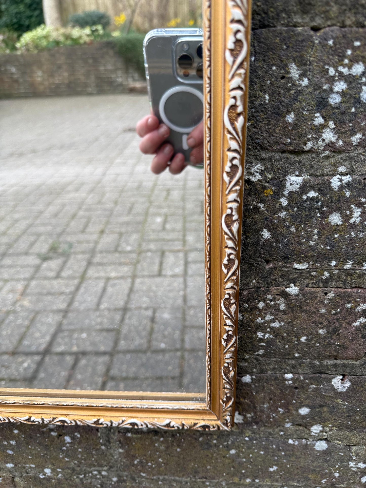 Hand finished Vintage 70s Retro Gilt Gold Wall Mirror with exposed white detail – vertical, portrait style