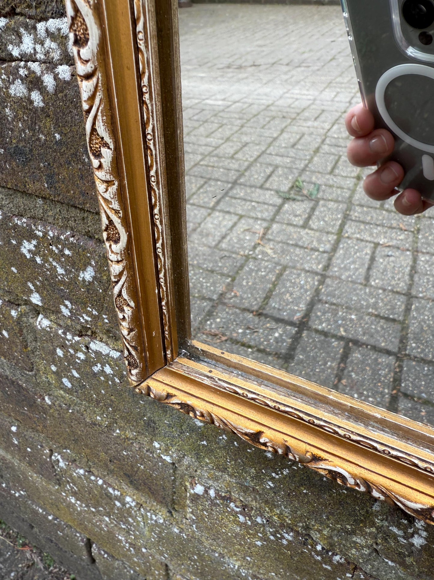Hand finished Vintage 70s Retro Gilt Gold Wall Mirror with exposed white detail – vertical, portrait style