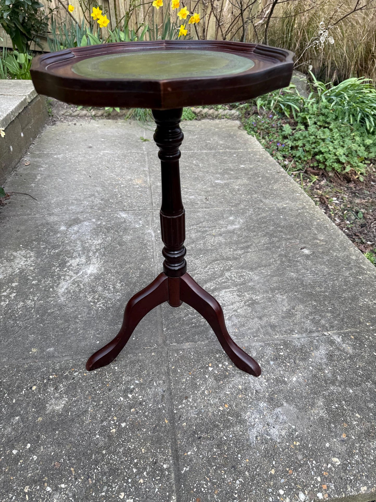 Classic Vintage Wine or Lamp Table with green leatherette top (end table, coffee table), vintage wooden wine table, faux leather top