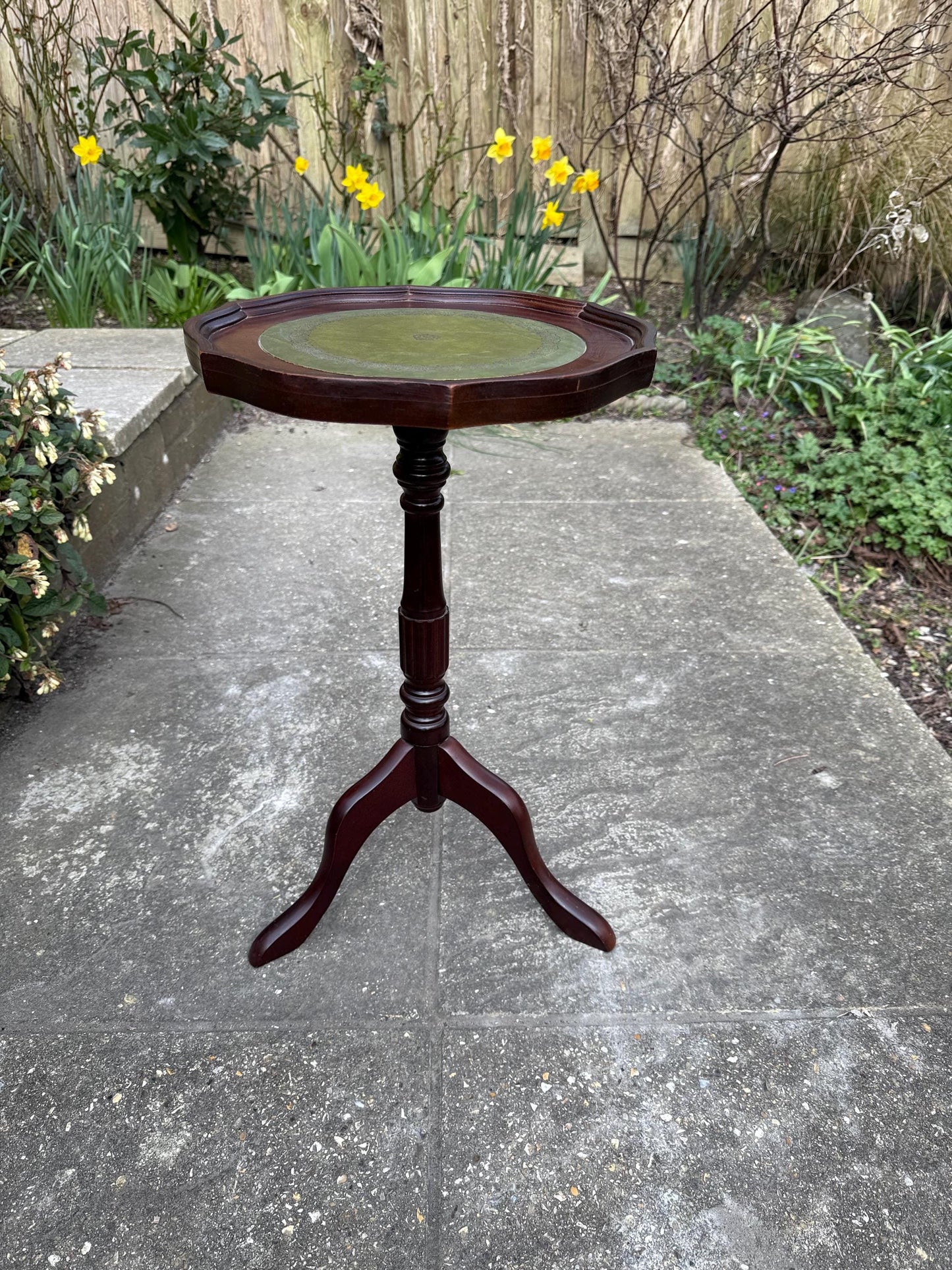 Classic Vintage Wine or Lamp Table with green leatherette top (end table, coffee table), vintage wooden wine table, faux leather top