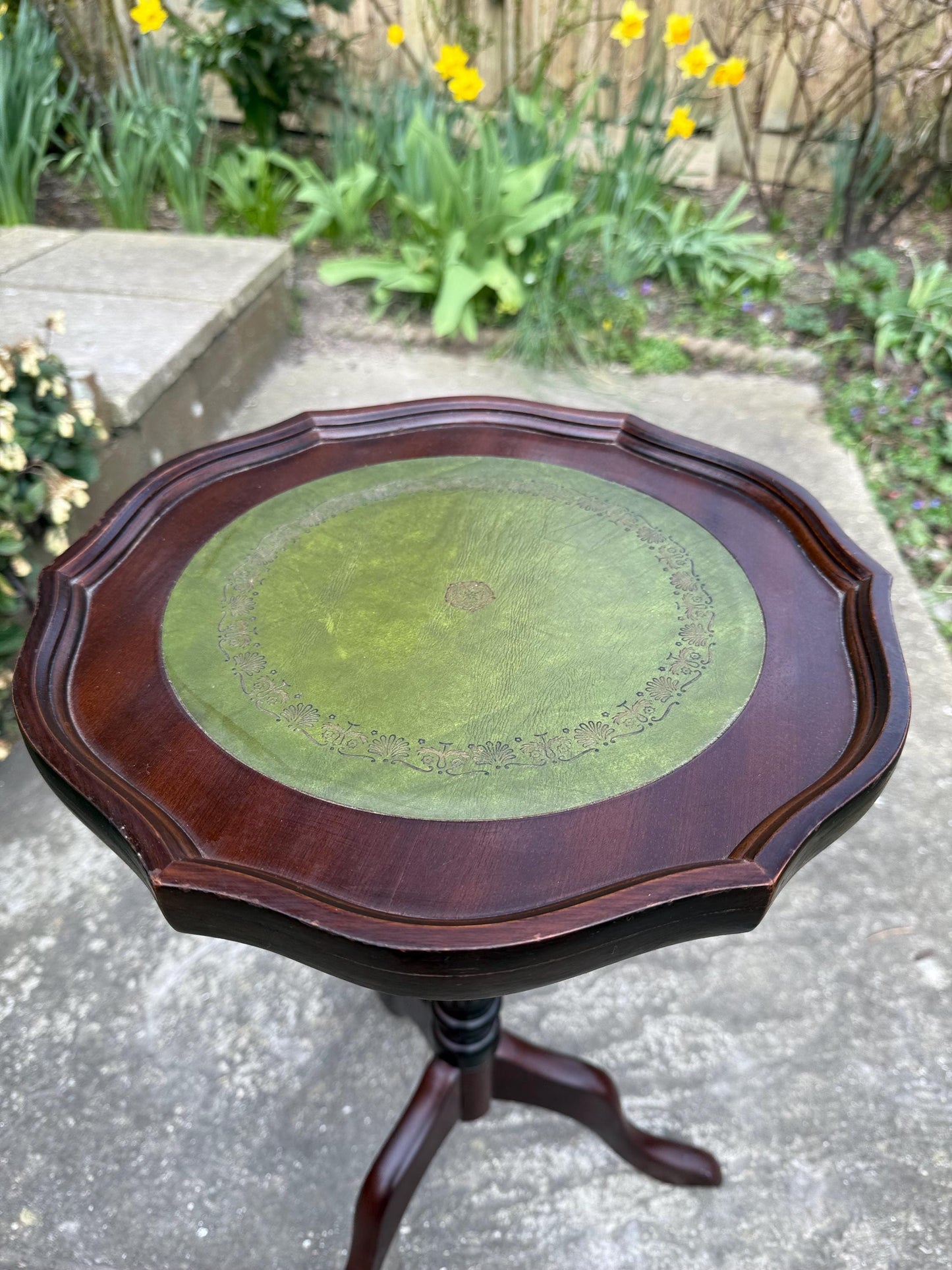 Classic Vintage Wine or Lamp Table with green leatherette top (end table, coffee table), vintage wooden wine table, faux leather top