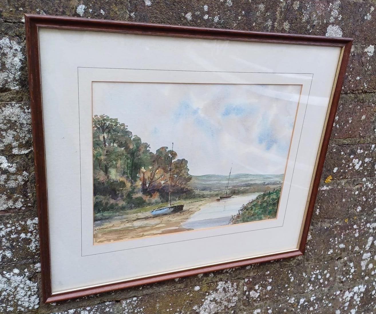 framed vintage watercolour of The Ouse, Piddinghoe, Lewes, Sussex. W Playfoot artist. VGC