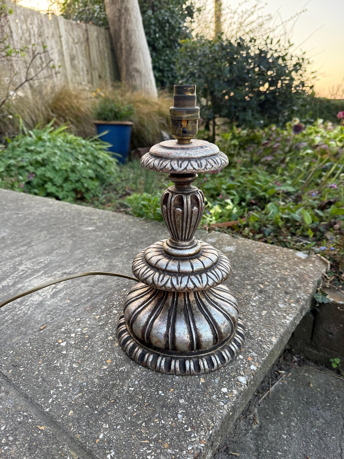 Rare Baroque Style Vintage Large Silver Table Lamp - 1960s/70s retro wooden painted lamp, neo classical table lamp, working, tested