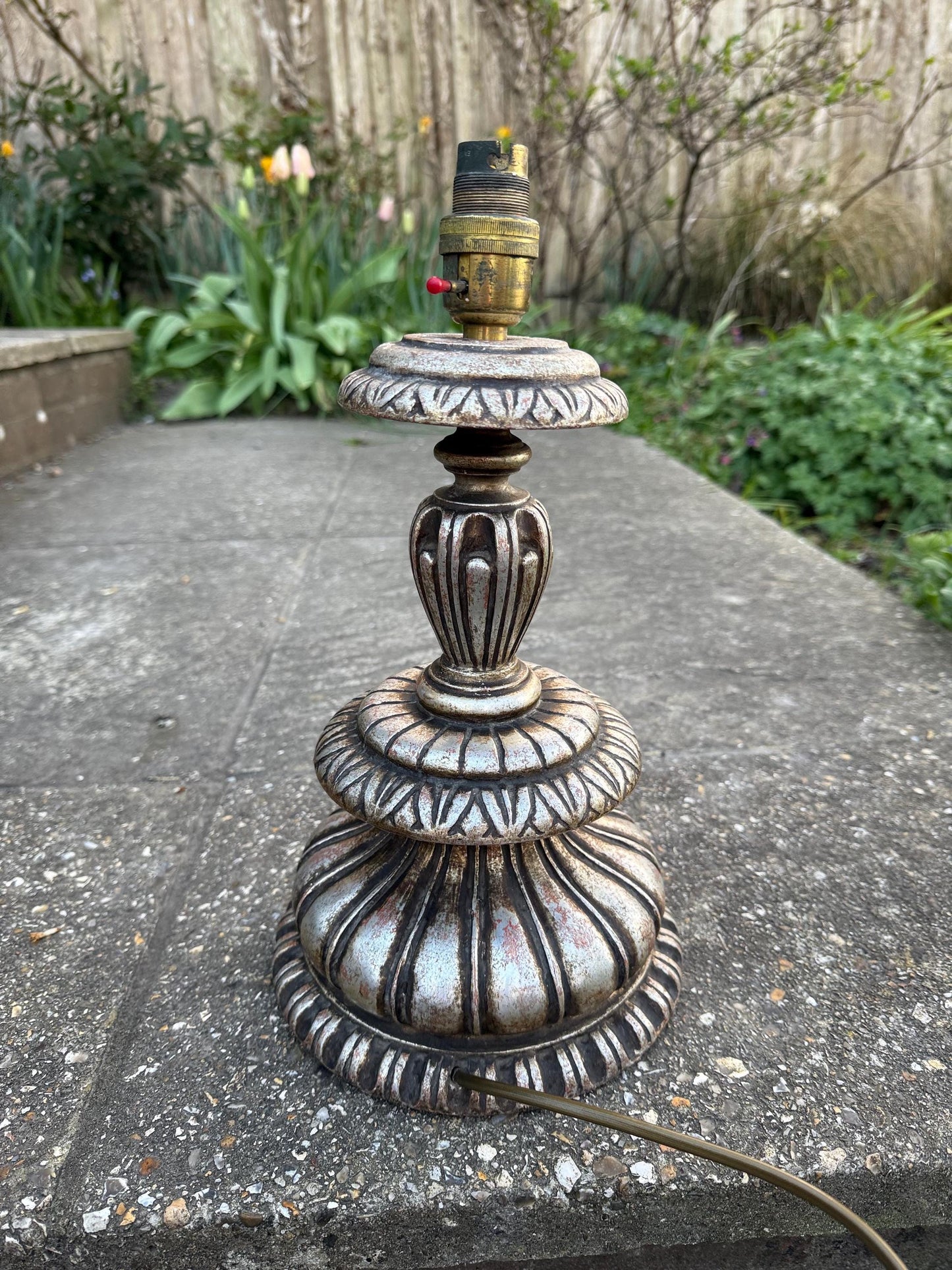 Rare Baroque Style Vintage Large Silver Table Lamp - 1960s/70s retro wooden painted lamp, neo classical table lamp, working, tested
