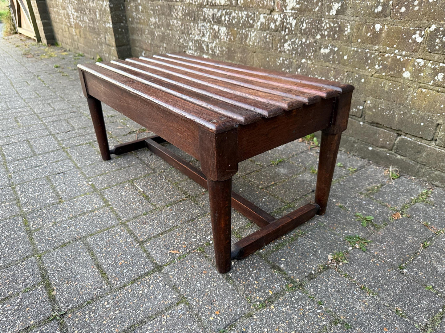 1900s solid oak bench, wooden luggage rack, shoe rack, antique bench