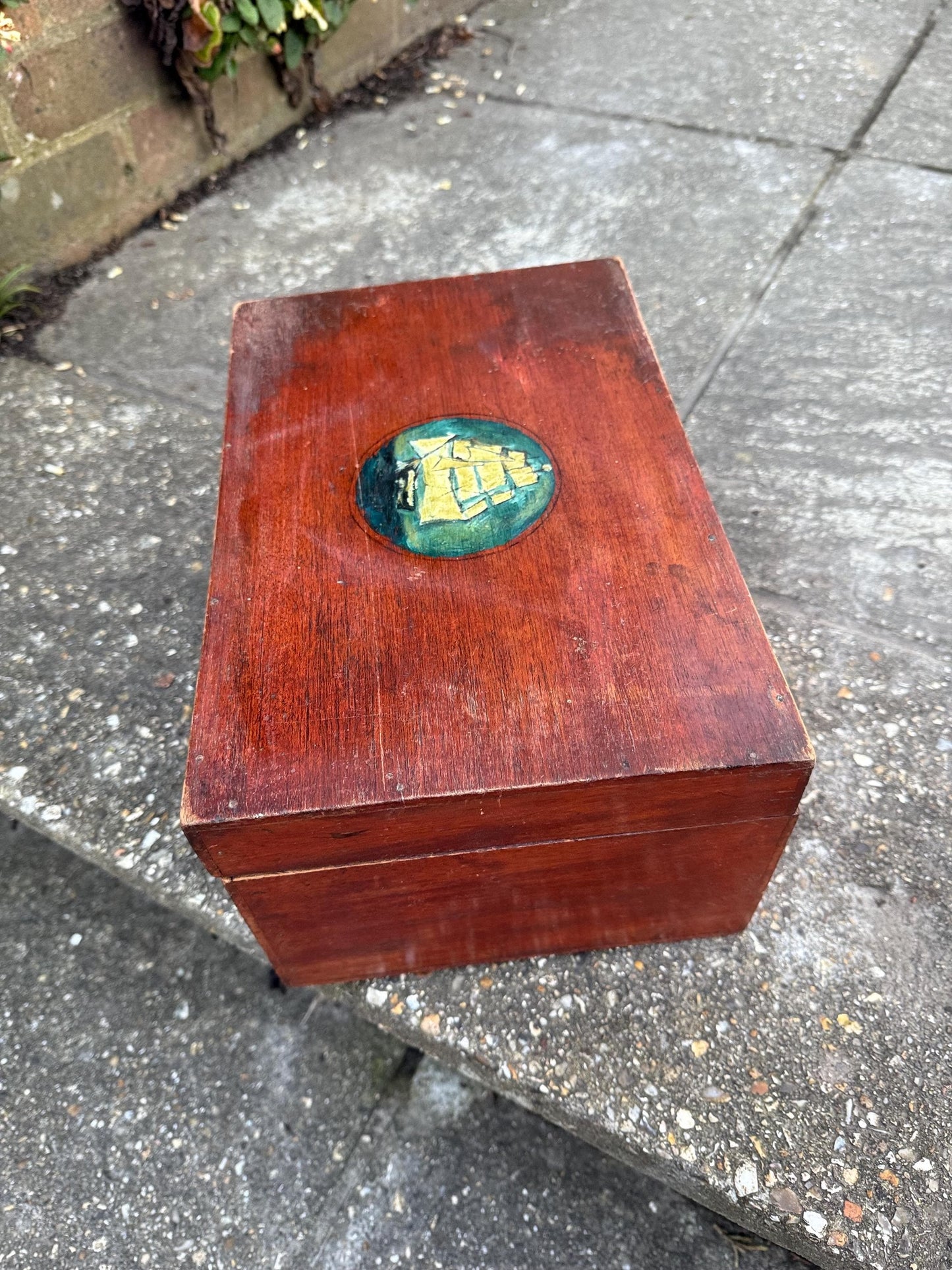 Small 1900s treasure chest, antique wooden box, nautical treasure box, vintage jewellery box, artist box - small 30cm x 20cm x 15cm