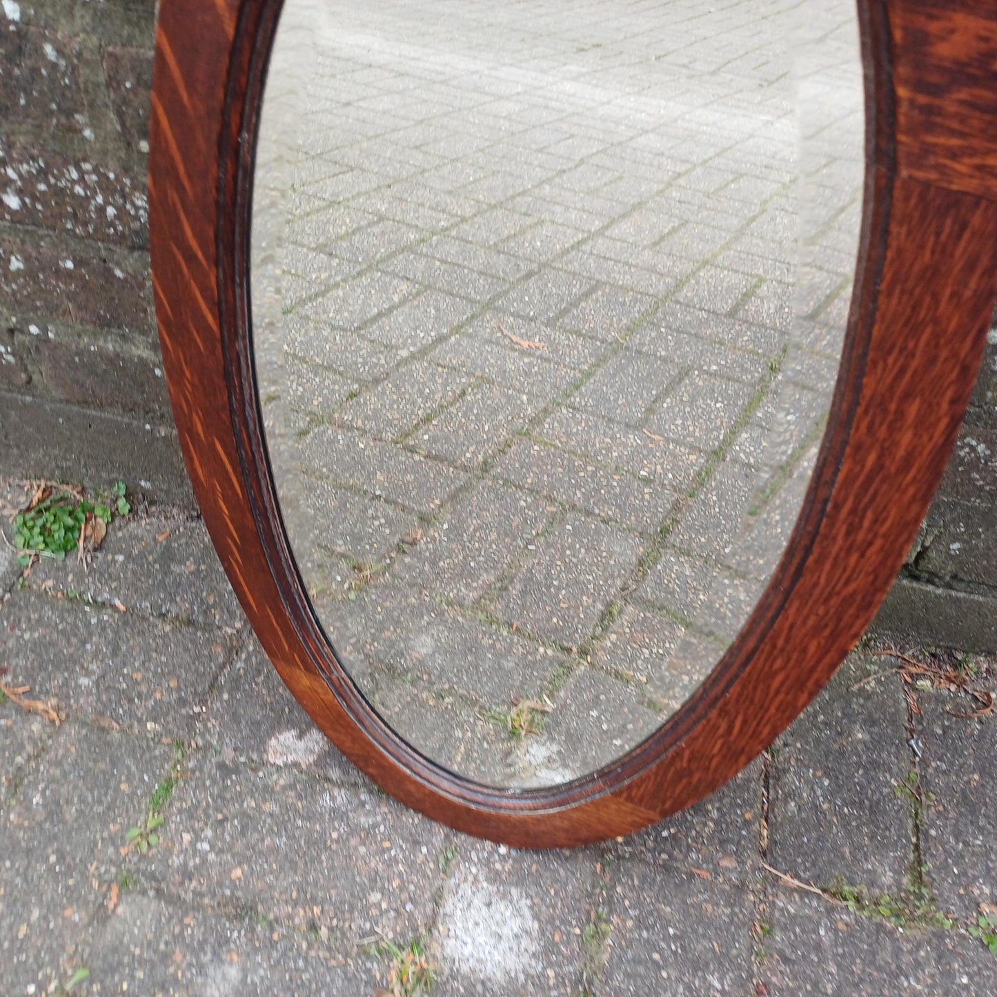 Superb 1920s Antique Oval Oak Wall Mirror – Bevelled Glass, Solid Wood Frame, Vintage Hallway Bathroom Bedroom Mirror, Original Patina