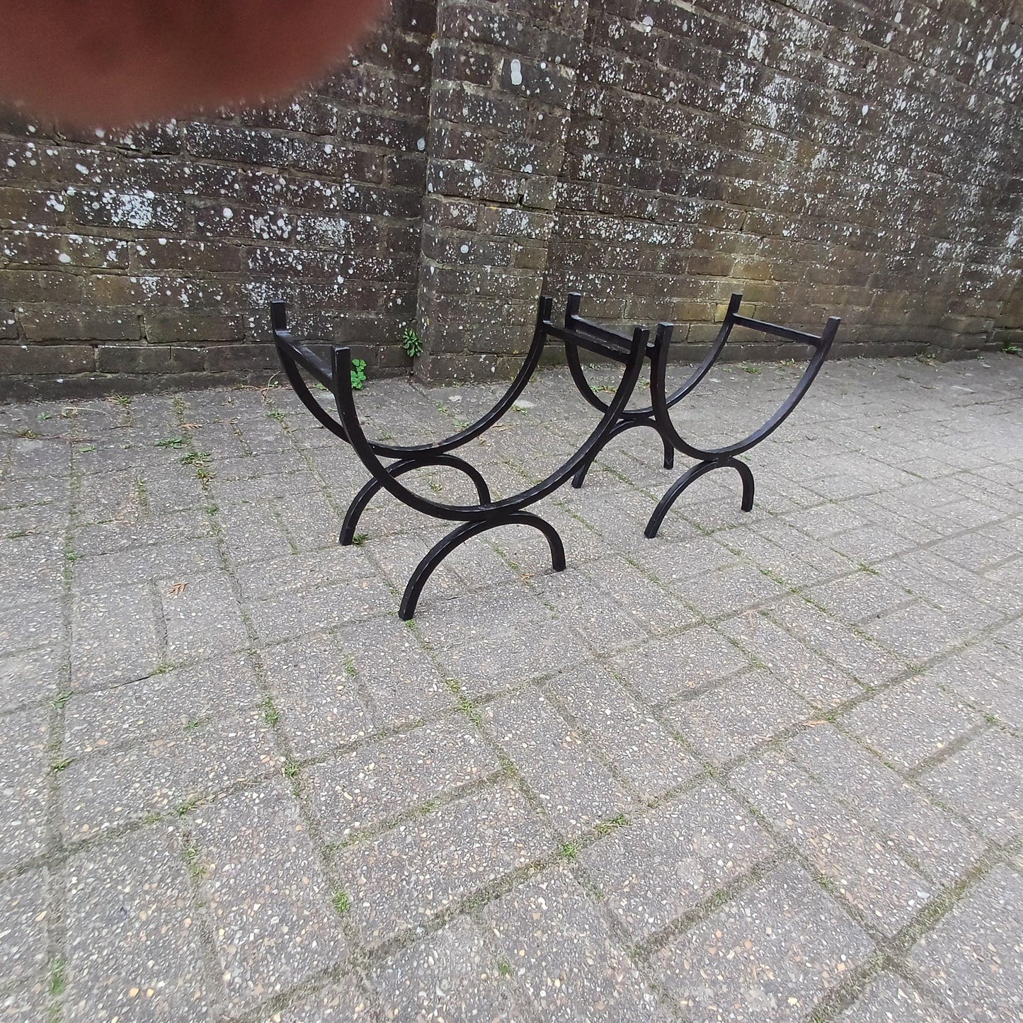 Pair of Vintage Iron Log Holders 1980s 1990s Black Hand Forged Wrought Iron Fireplace Wood Storage Rustic Industrial Style