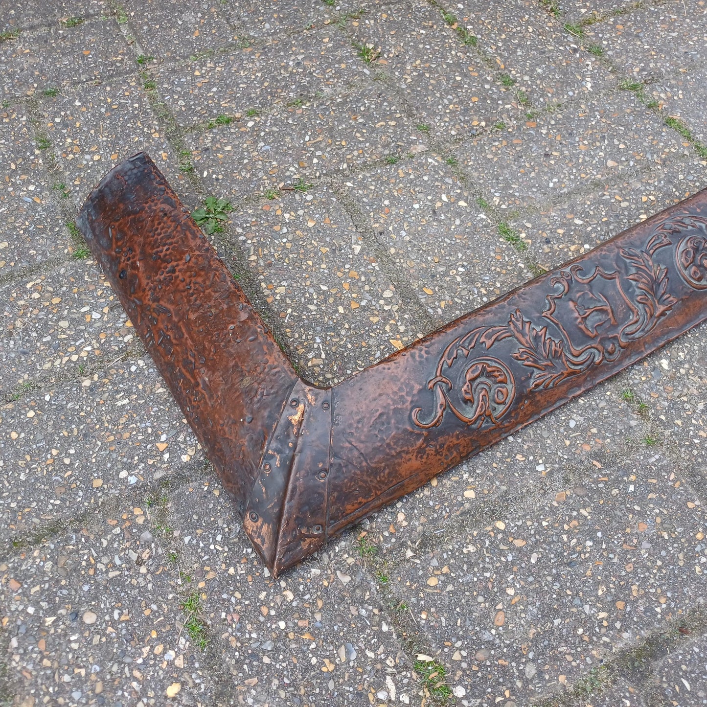 Antique Copper and Wood Fire Surround Panel Embossed Arts and Crafts Fender with Verdigris Patina