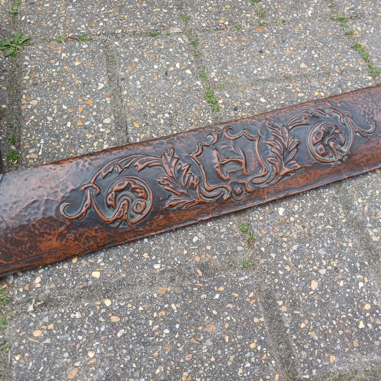 Antique Copper and Wood Fire Surround Panel Embossed Arts and Crafts Fender with Verdigris Patina