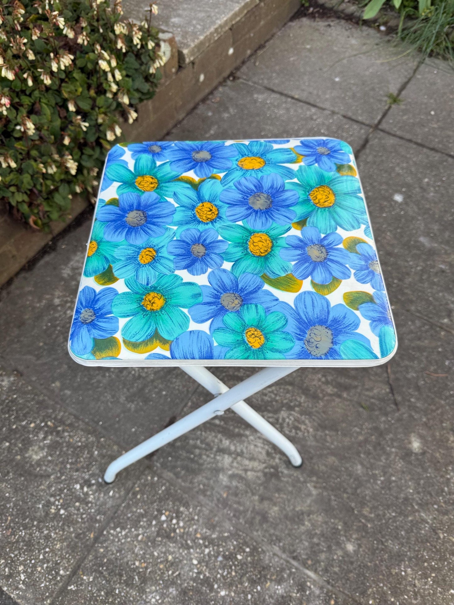 Retro Bright Blue Folding Floral Stool - vintage kitchen stool, folding stool, retro stool, playroom, art room stool