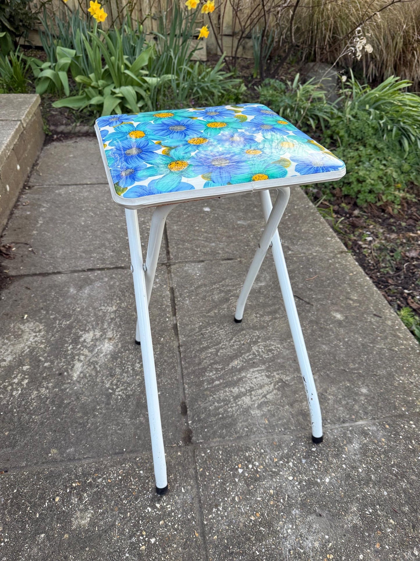 Retro Bright Blue Folding Floral Stool - vintage kitchen stool, folding stool, retro stool, playroom, art room stool