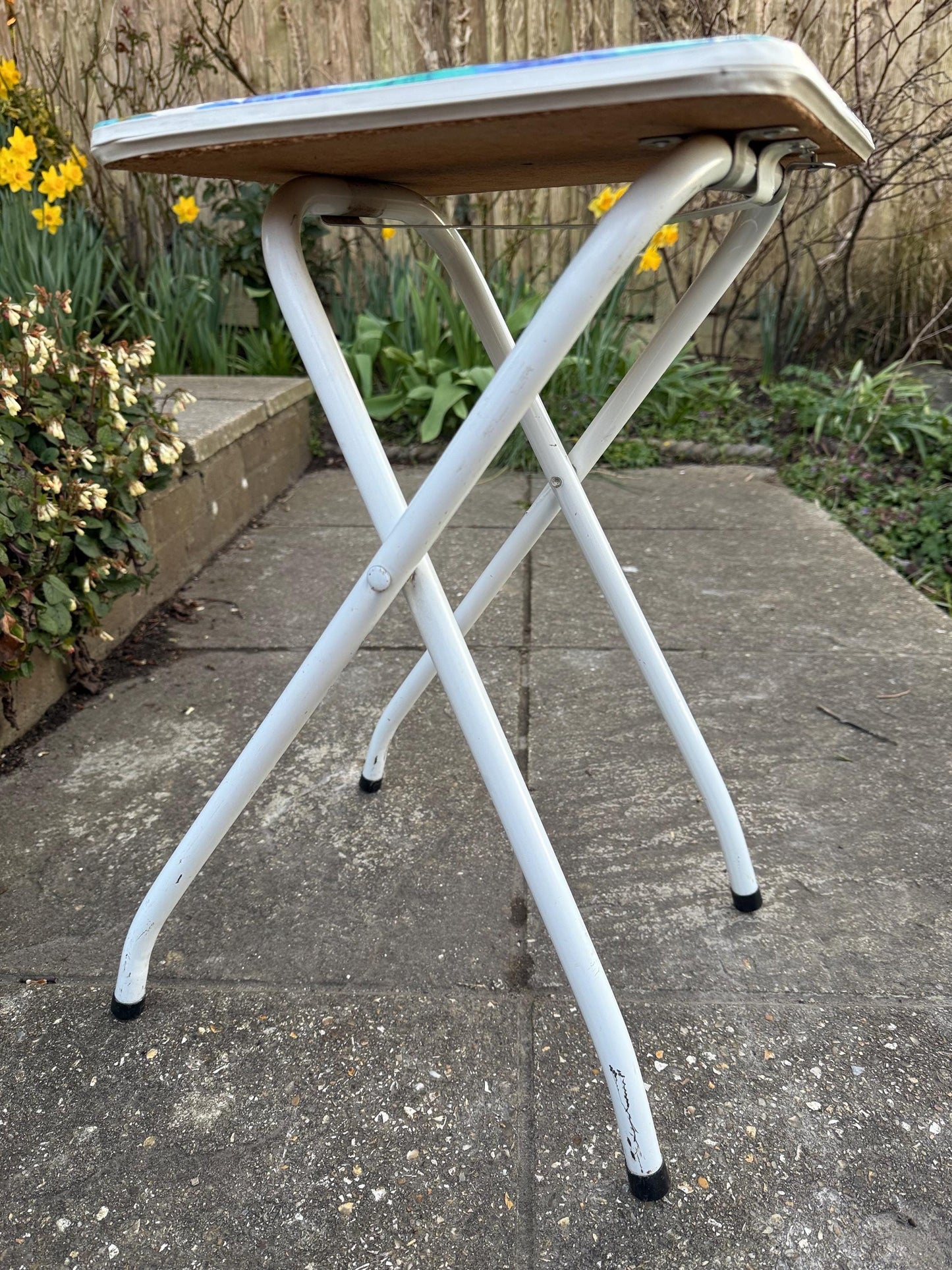 Retro Bright Blue Folding Floral Stool - vintage kitchen stool, folding stool, retro stool, playroom, art room stool