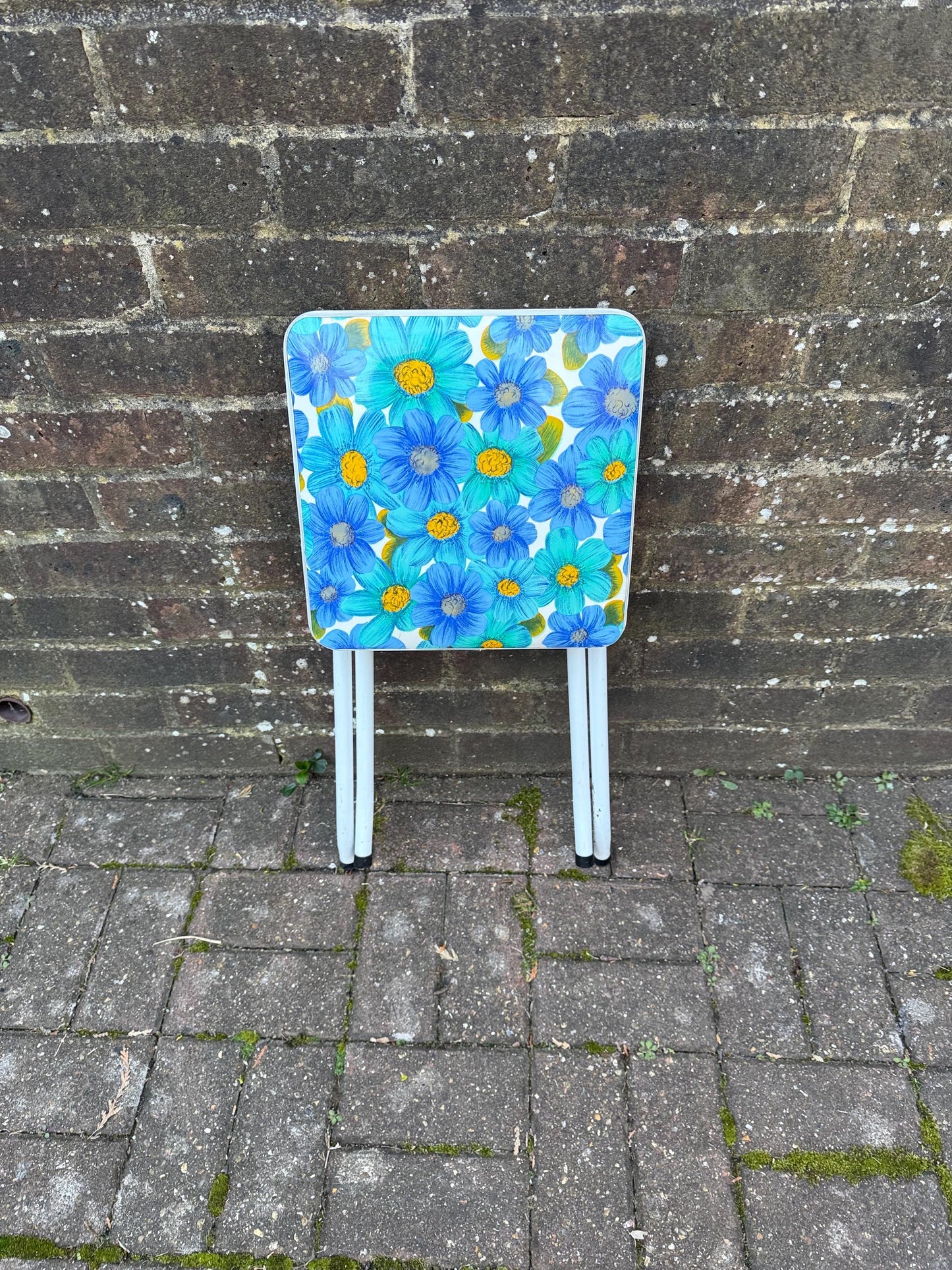 Retro Bright Blue Folding Floral Stool - vintage kitchen stool, folding stool, retro stool, playroom, art room stool