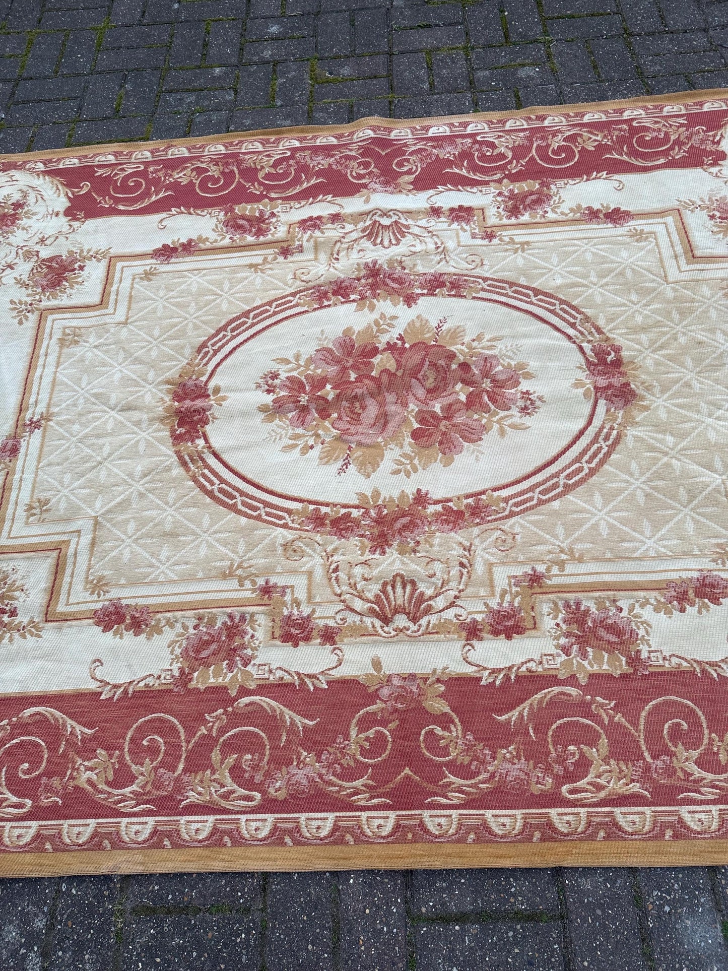 Large vintage Laura Ashley Aubusson indoor rug in wool and cotton mix - red, gold, beige, brown - 228cm x 156cm