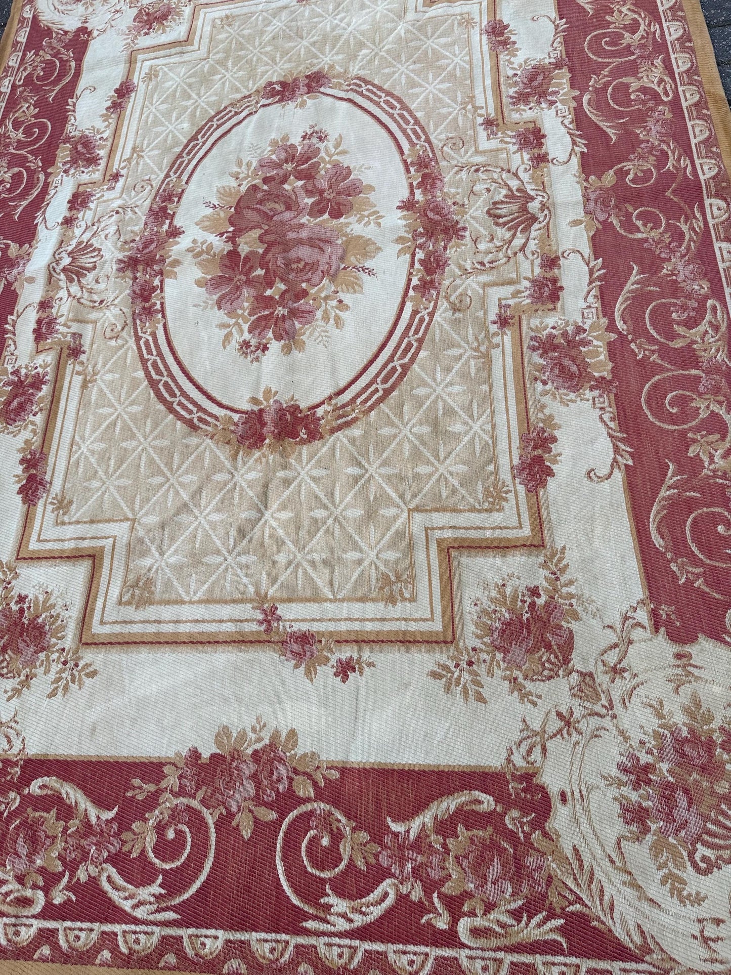 Large vintage Laura Ashley Aubusson indoor rug in wool and cotton mix - red, gold, beige, brown - 228cm x 156cm