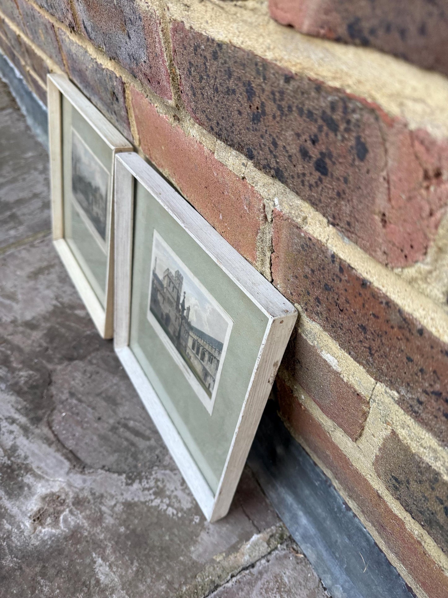 Corpus Christi College, University of Cambridge : 1800 Engravings, hand coloured, vintage prints x 2 in glazed painted wooden vintage frames