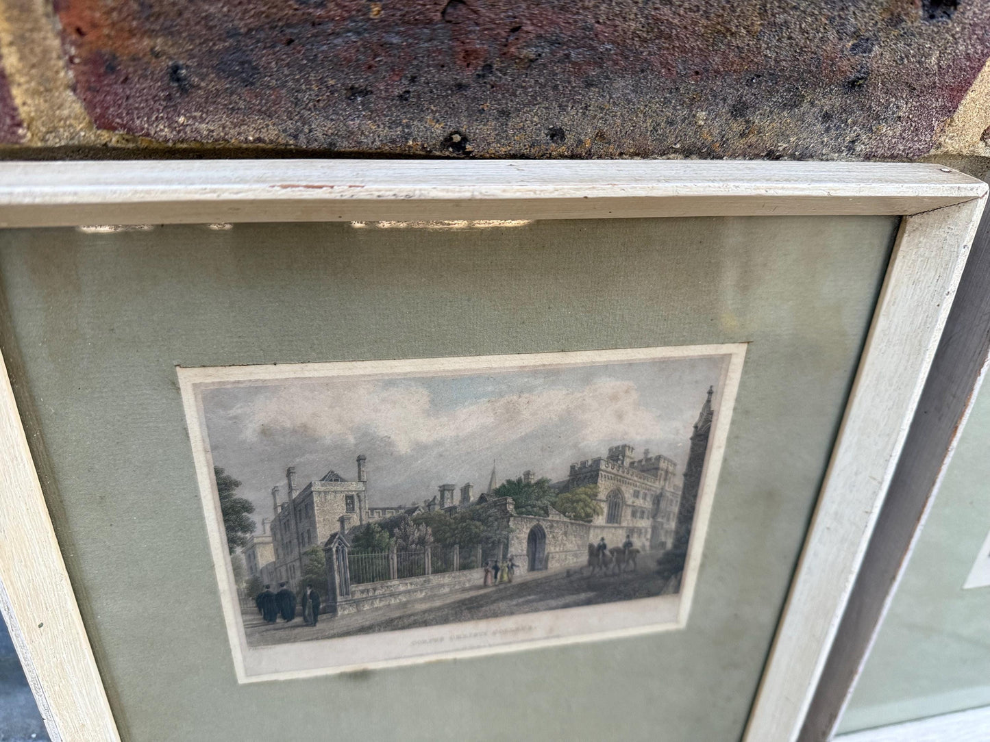 Corpus Christi College, University of Cambridge : 1800 Engravings, hand coloured, vintage prints x 2 in glazed painted wooden vintage frames