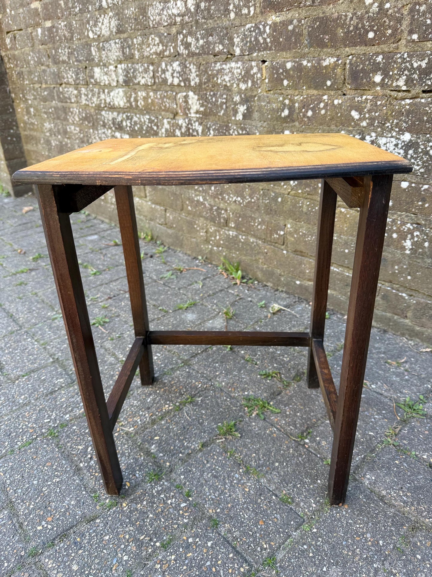 Unique upcycled retro vintage small table, small vintage plant stand, vintage oak table, lamp table 38cm w, 47cm h, 34cm deep