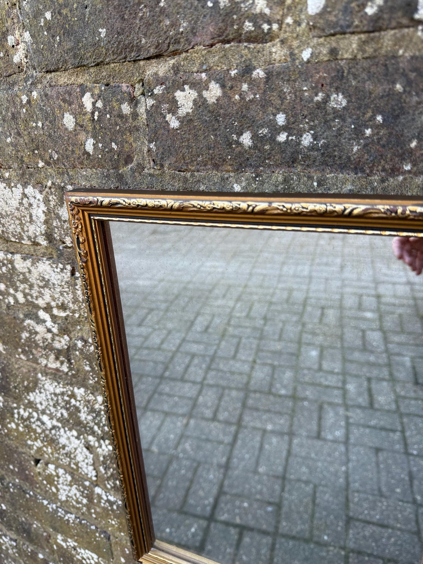 Super 70s retro gilt mirror, vintage gold mirror, with misted glass finish (39cm x 28cm)