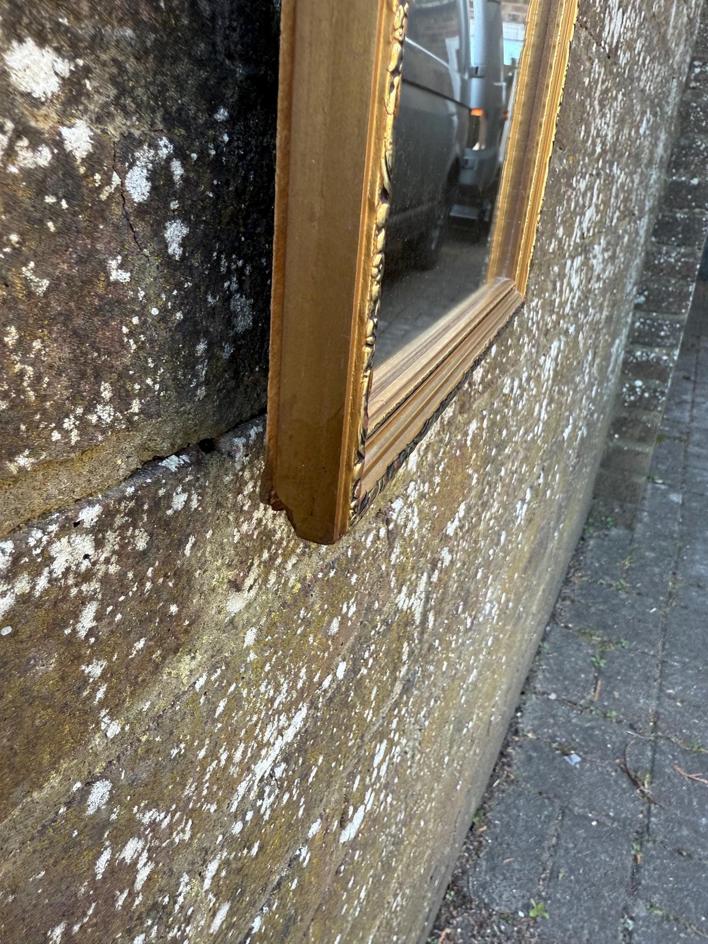 Super 70s retro gilt mirror, vintage gold mirror, with misted glass finish (39cm x 28cm)