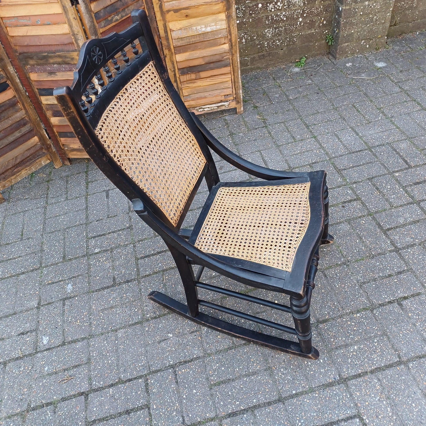 Ebonised New Cane and Wood Rocking Chair vintage Country Farmhouse Style FREE HAND Delivery