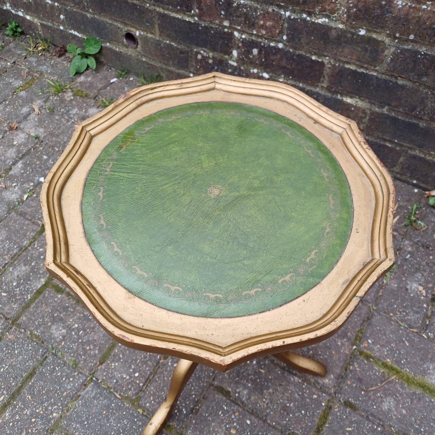 Vintage upcycled wine table, side or lamp table - gorgeous 1980s table with a matt gold painted finish & the original green leatherette top