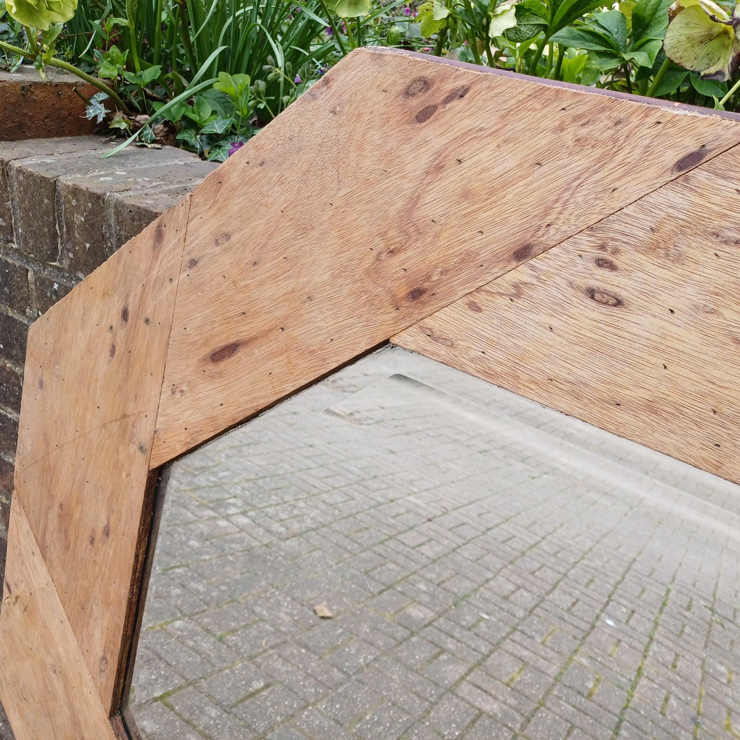 Large 1980s Upcycled Octagonal Mirror Stripped Plywood Frame with Bevelled Glass Rustic Vintage Industrial Wall Mirror FREE HAND Delivery