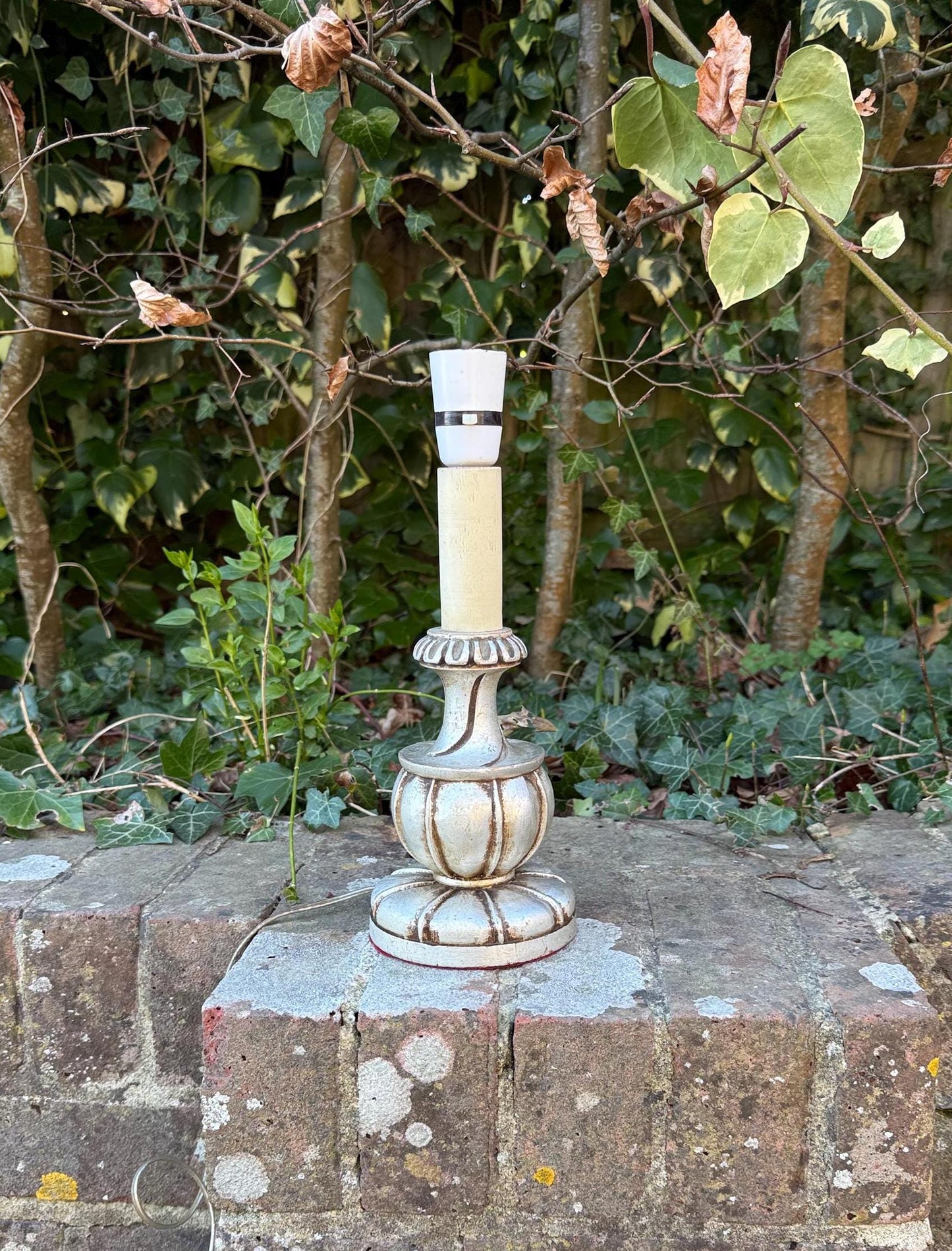 european, neo-classical or baroque revival vintage table lamp. Silver painted table lamp with baroque styling. working