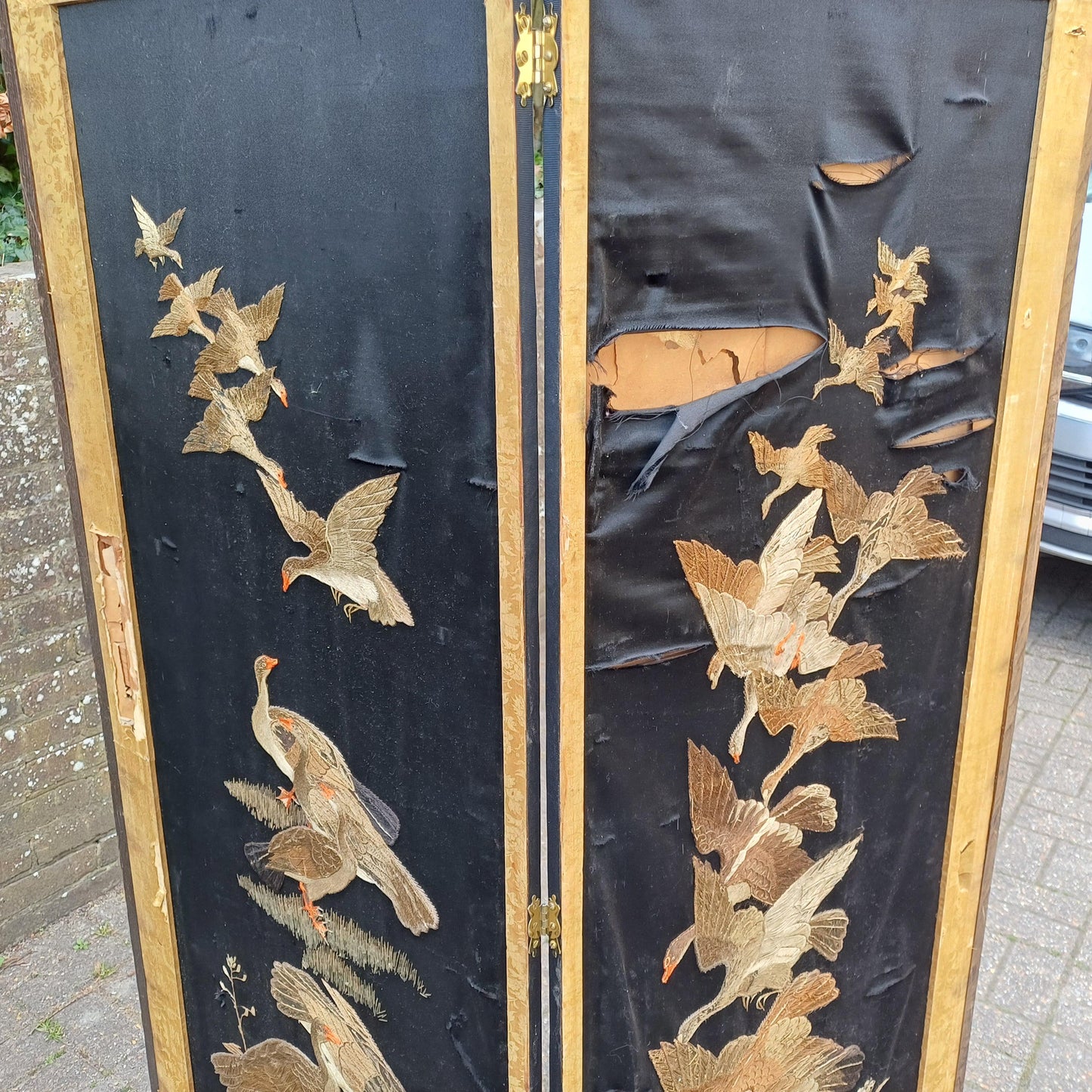 Vintage Double-Sided Folding Screen 2 Panel Room Divider Gold Floral Fabric & Embroidered Birds Chinoiserie Style Antique FREE HAND Delivery