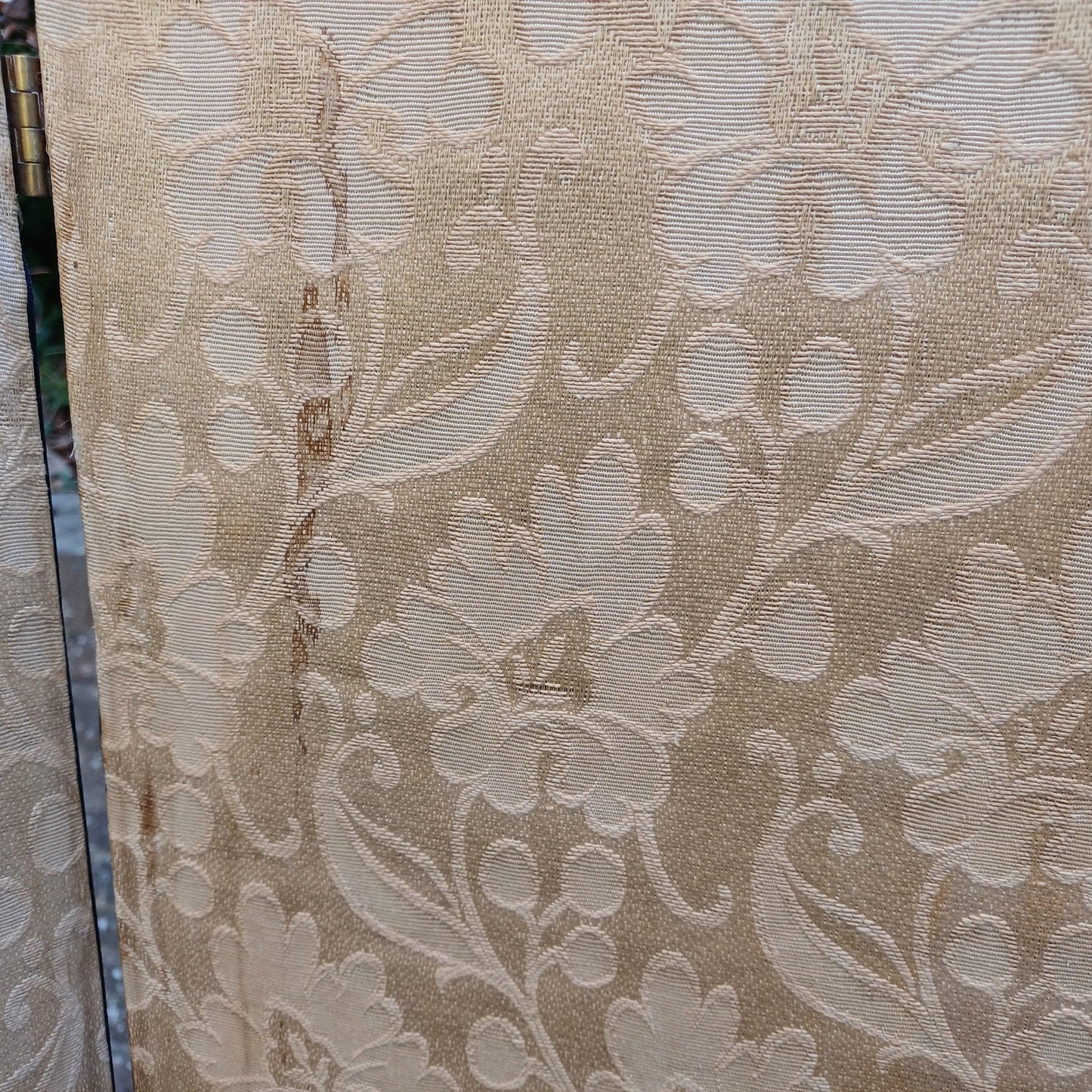 Vintage Double-Sided Folding Screen 2 Panel Room Divider Gold Floral Fabric & Embroidered Birds Chinoiserie Style Antique FREE HAND Delivery