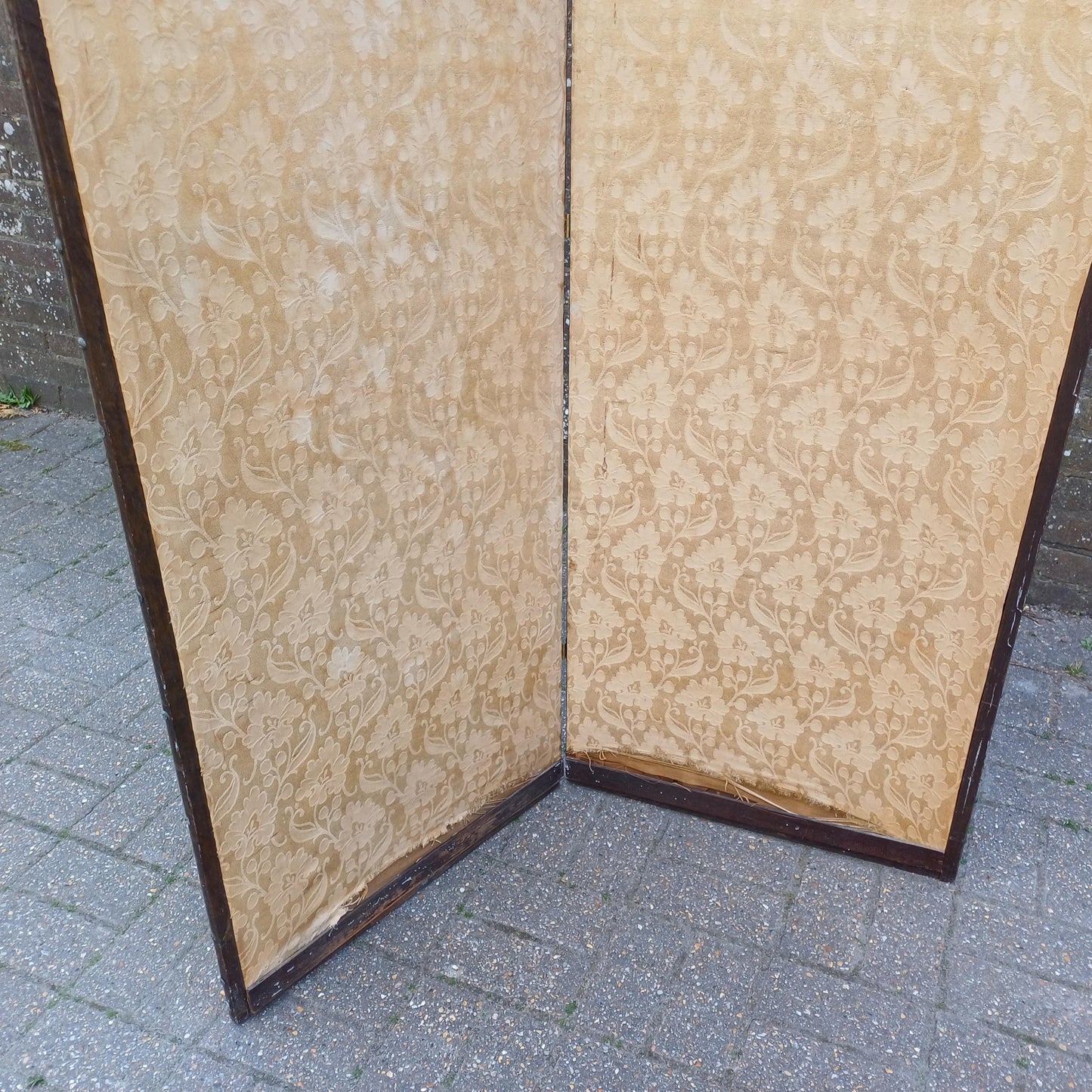 Vintage Double-Sided Folding Screen 2 Panel Room Divider Gold Floral Fabric & Embroidered Birds Chinoiserie Style Antique FREE HAND Delivery