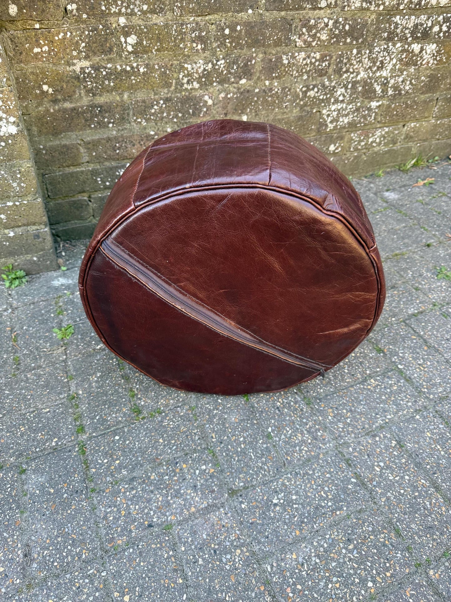 1970s retro leather pouf, vintage retro leather brown pouf, vintage beanbag - vgc