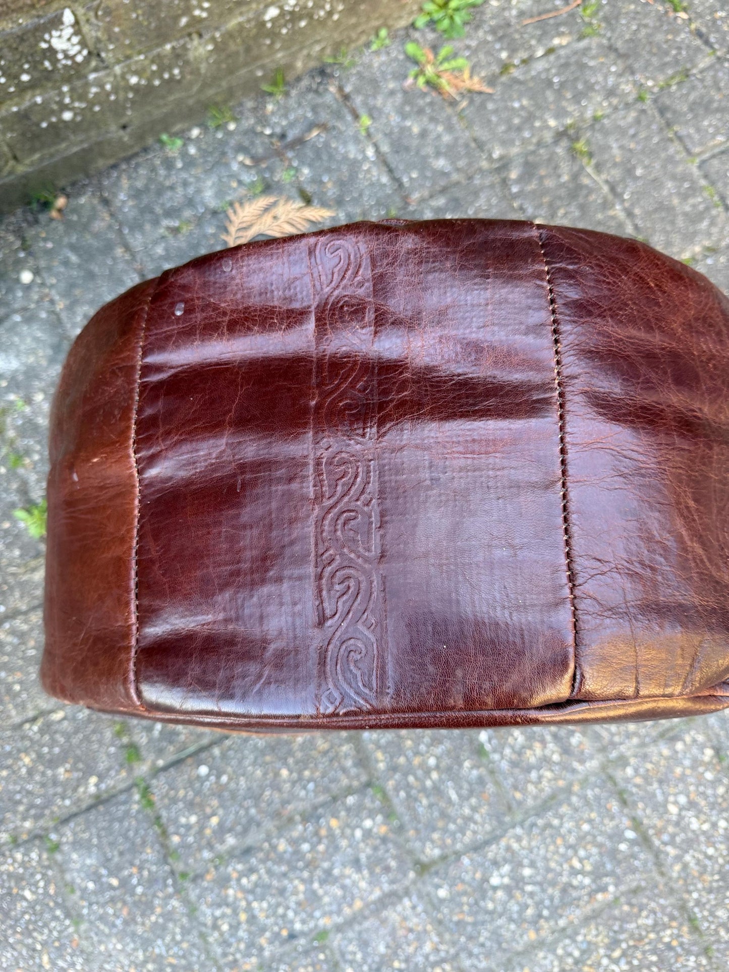 1970s retro leather pouf, vintage retro leather brown pouf, vintage beanbag - vgc