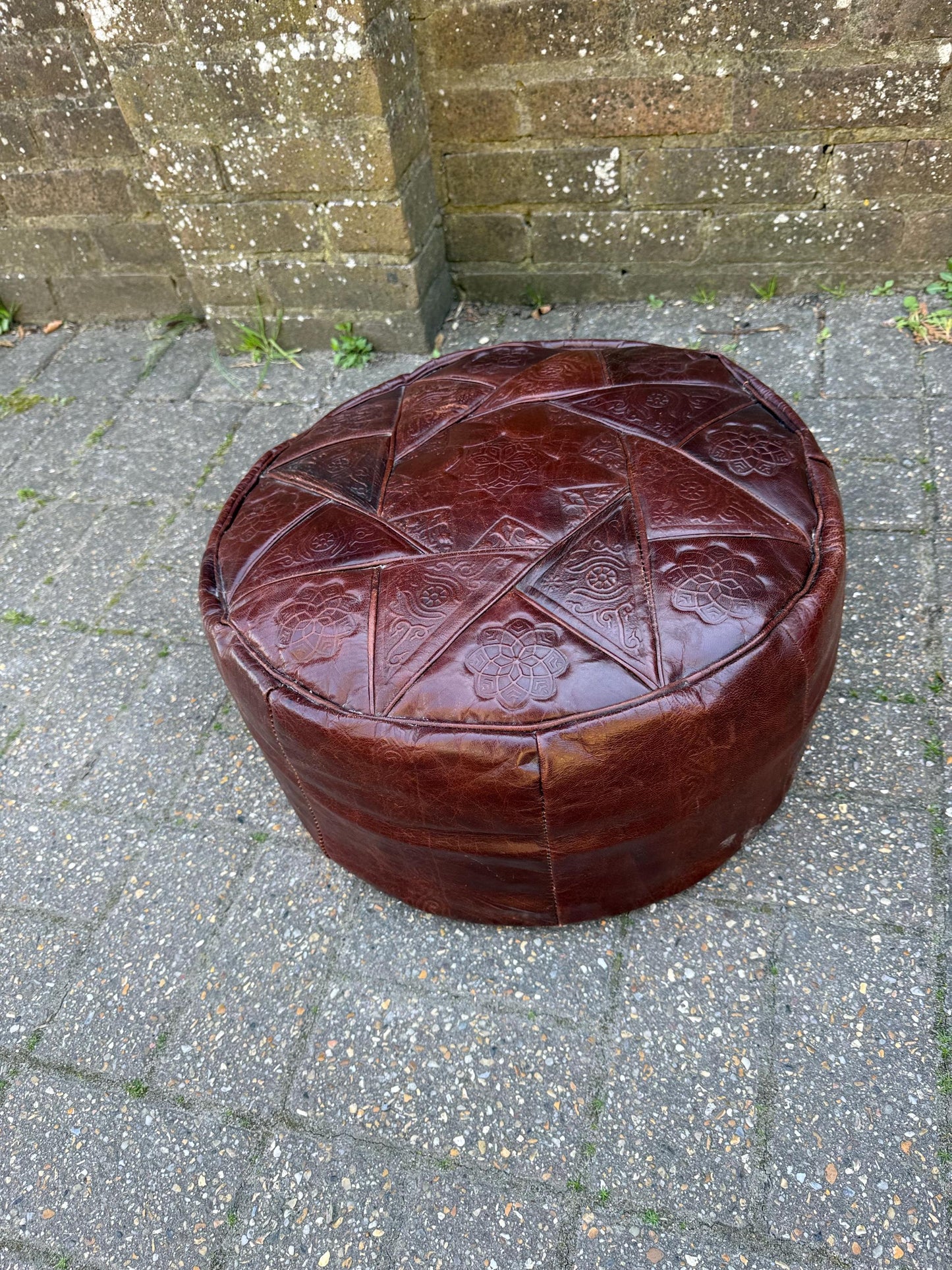 1970s retro leather pouf, vintage retro leather brown pouf, vintage beanbag - vgc