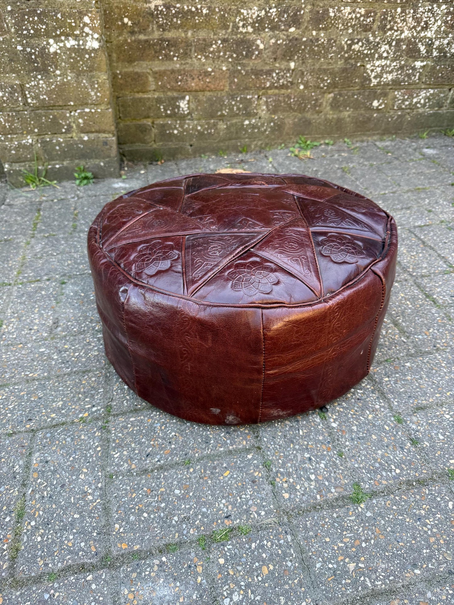 1970s retro leather pouf, vintage retro leather brown pouf, vintage beanbag - vgc
