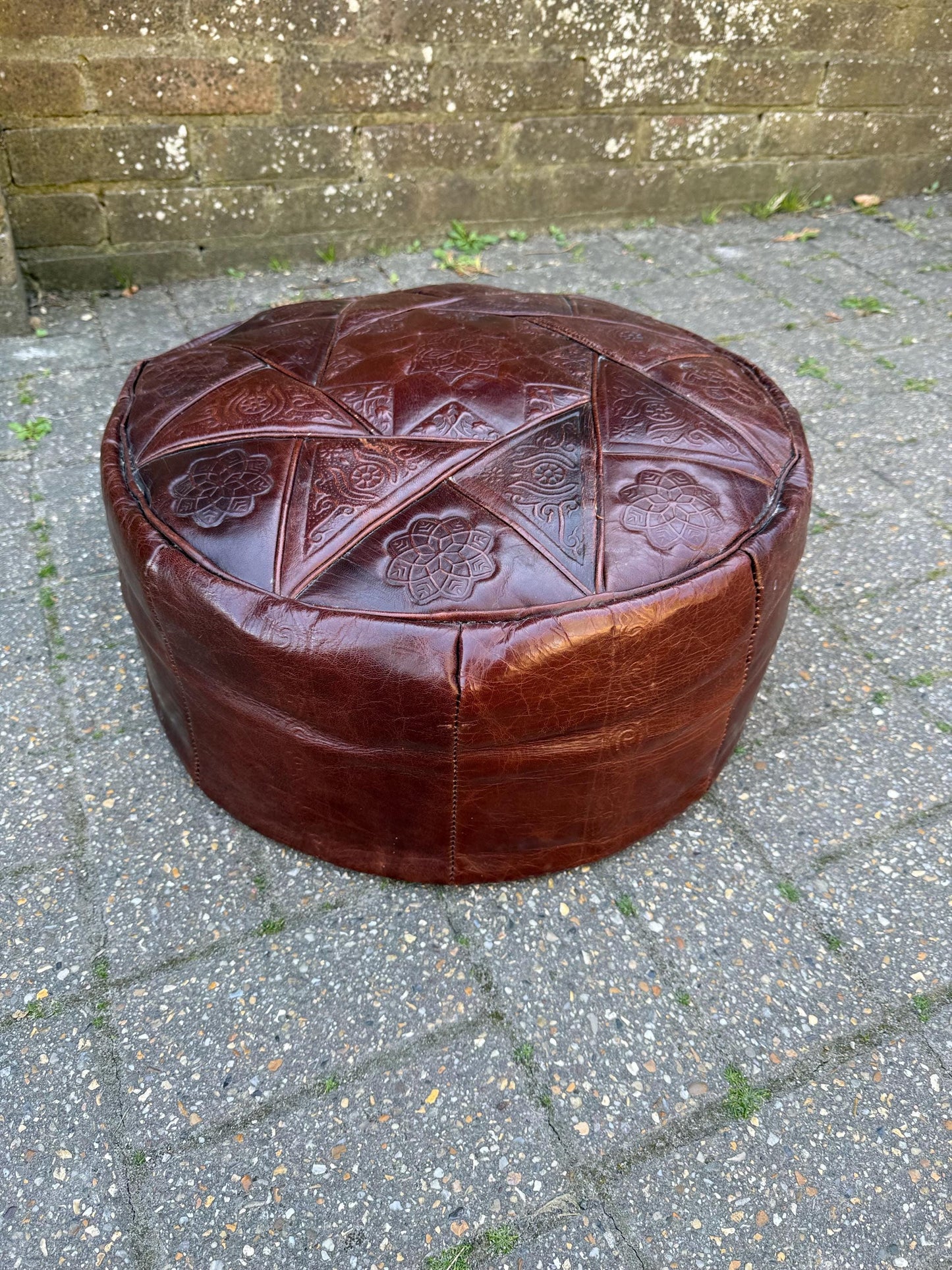 1970s retro leather pouf, vintage retro leather brown pouf, vintage beanbag - vgc