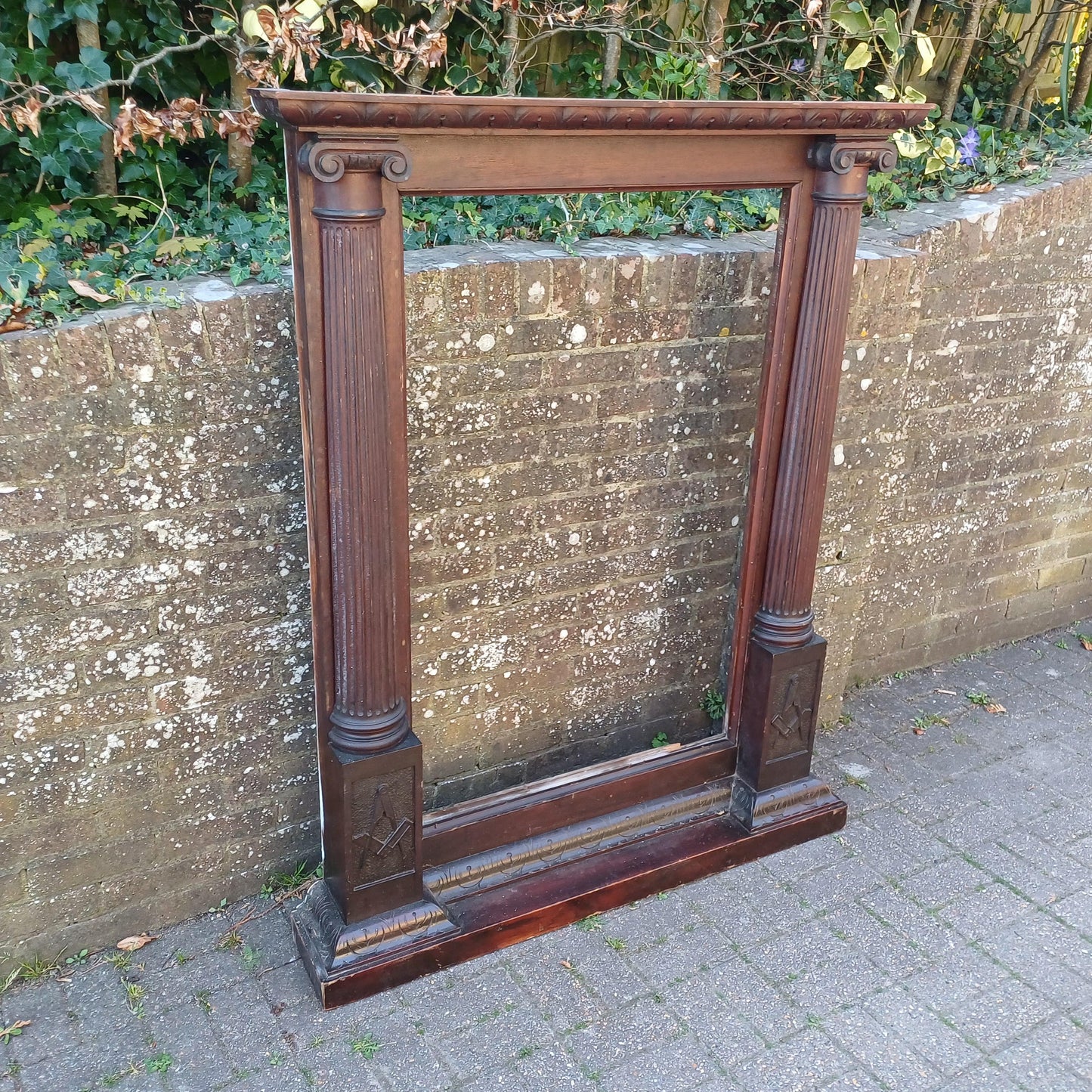 Huge Rare Solid Oak Freemasons Architectural Frame Neoclassical Columns Emblem Antique Lodge Furniture Mirror Surround FREE HAND Delivery