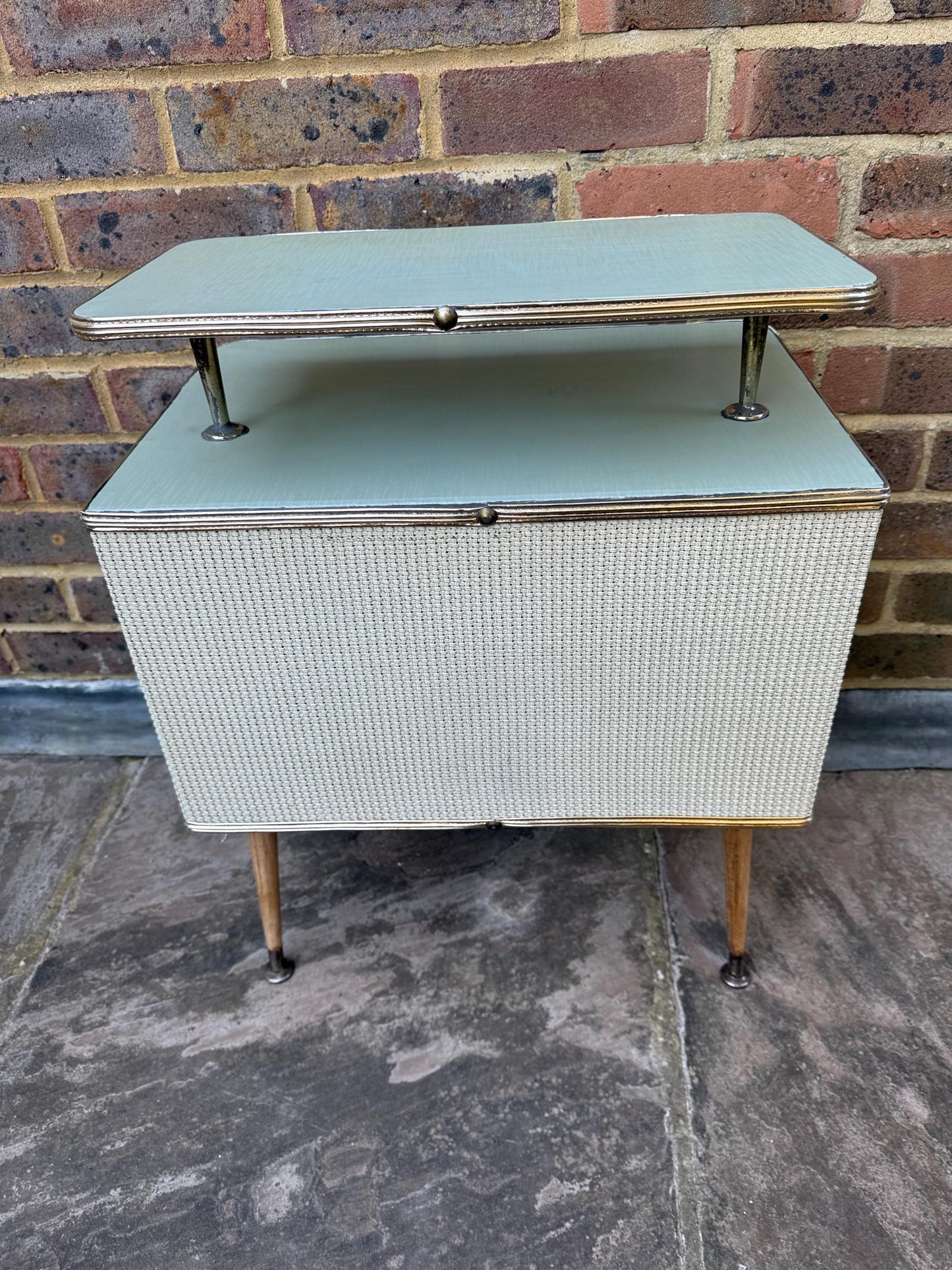 Rare mid-century bedside cupboard, super retro style with woven detail, chrome effect and tapered legs