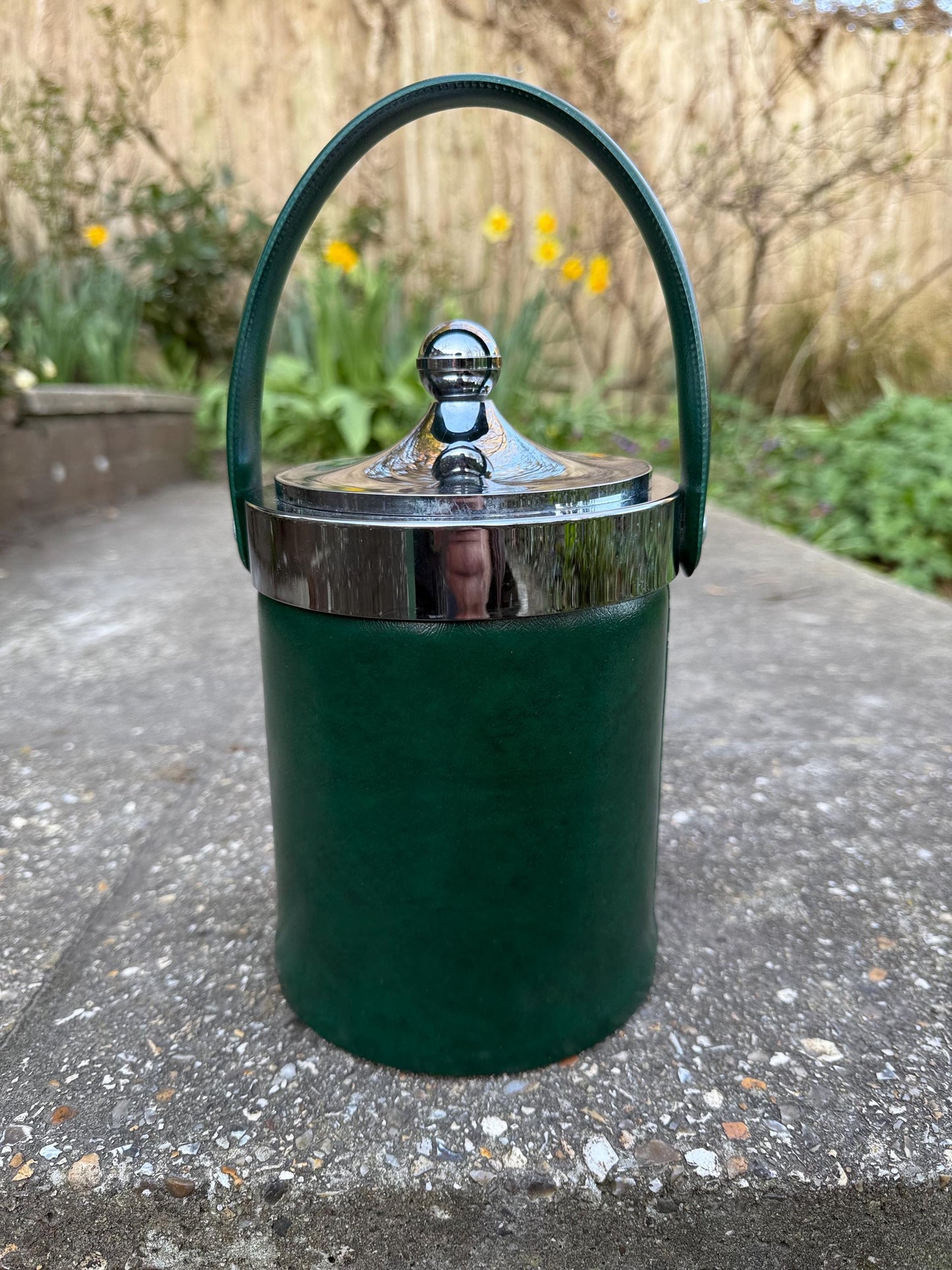 Vintage Retro Faux Green Leather & Chrome Ice Bucket or Storage Pot