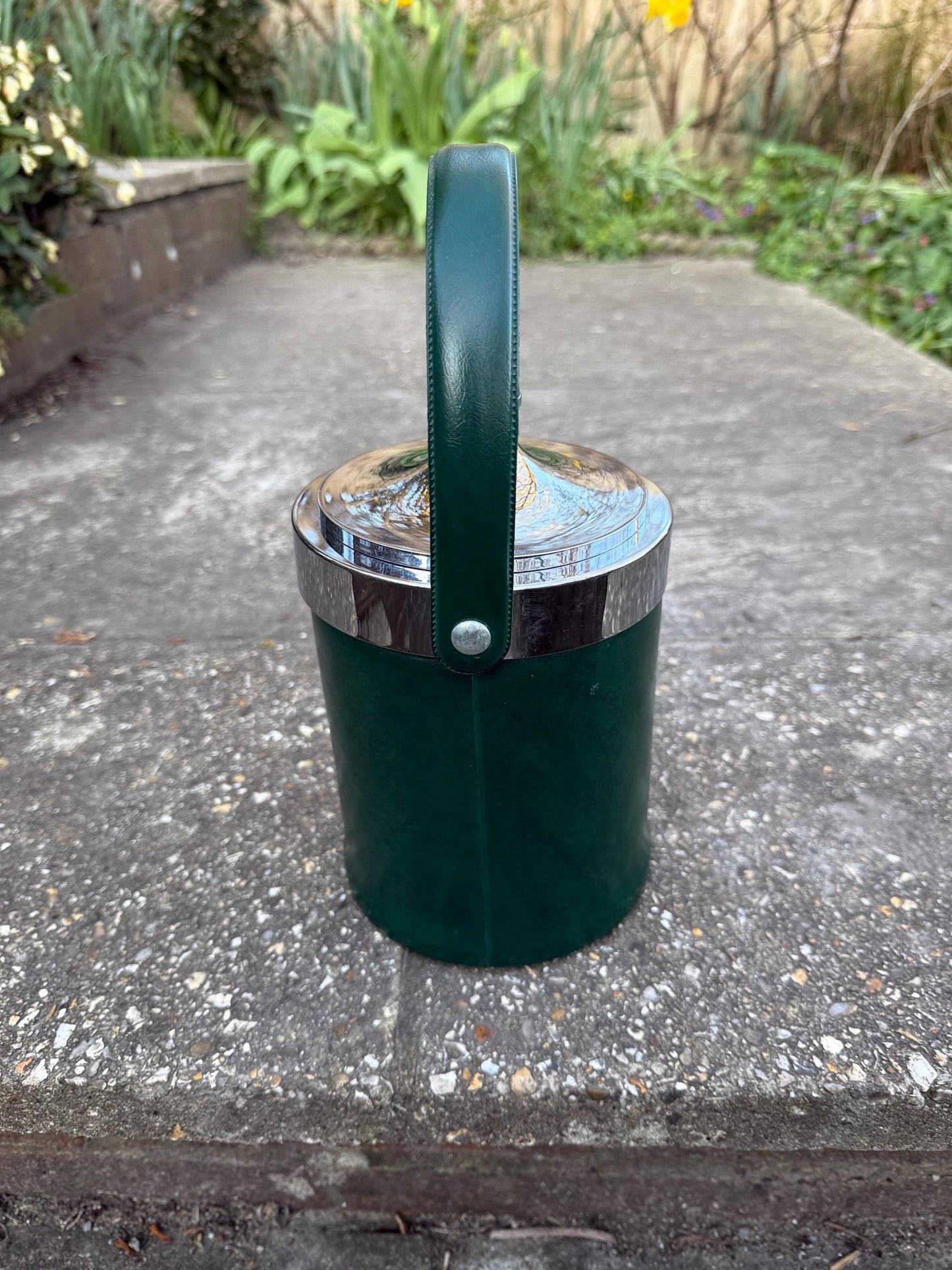 Vintage Retro Faux Green Leather & Chrome Ice Bucket or Storage Pot