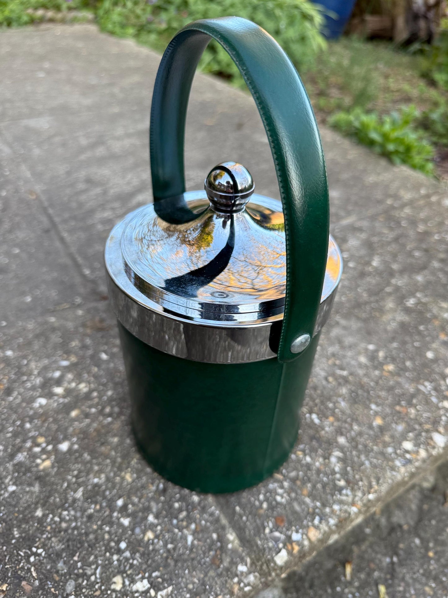 Vintage Retro Faux Green Leather & Chrome Ice Bucket or Storage Pot