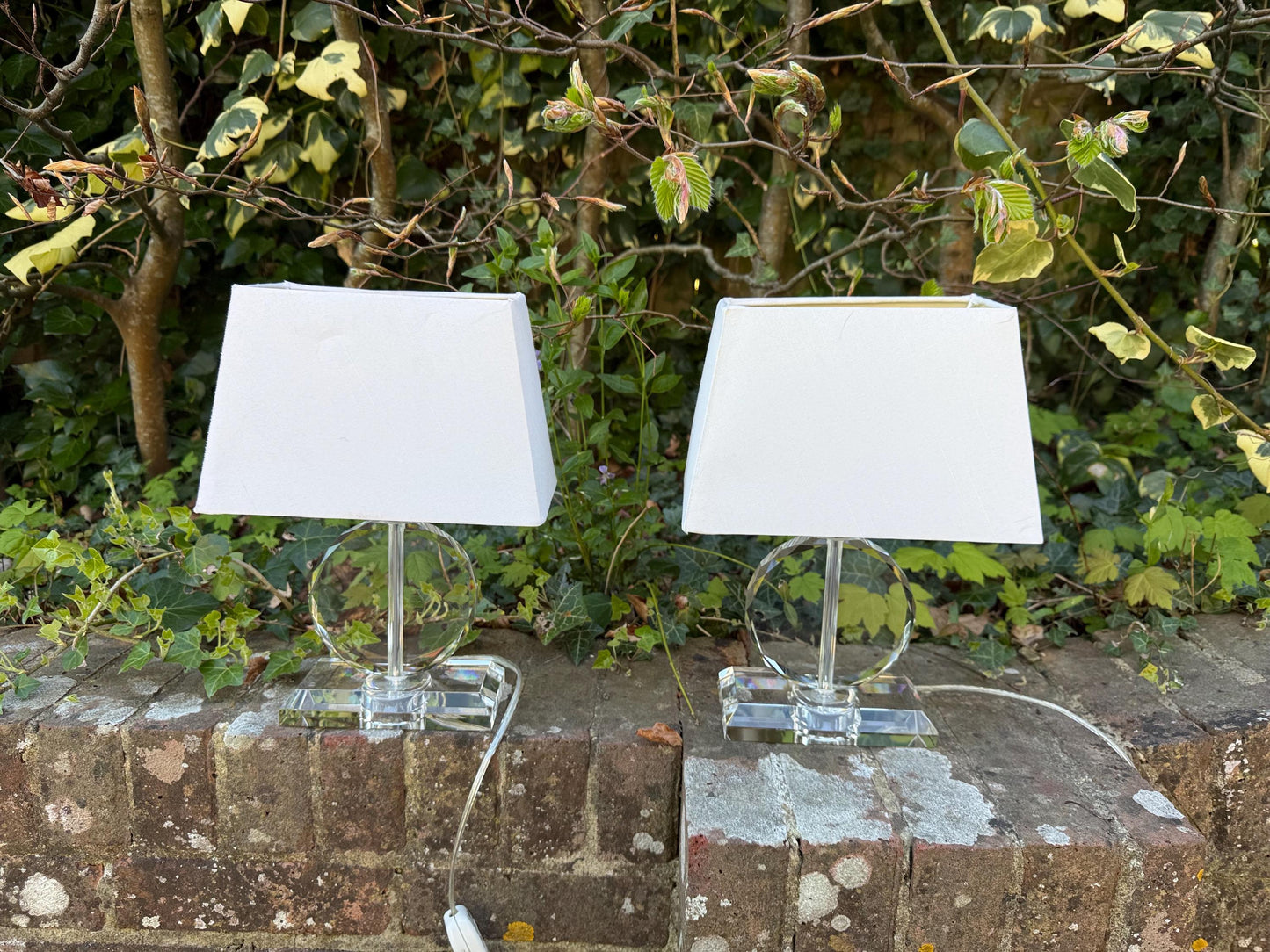 Pair crystal cut glass vintage table lamps, vintage glass lamps, with shades, working PAT tested x 2