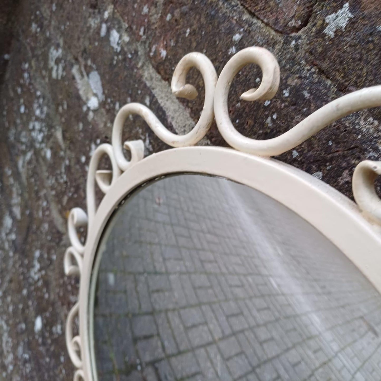 Vintage scrollwork round mirror with chain hanger and original wooden back - mid-century, French provincial revival - small wall mirror