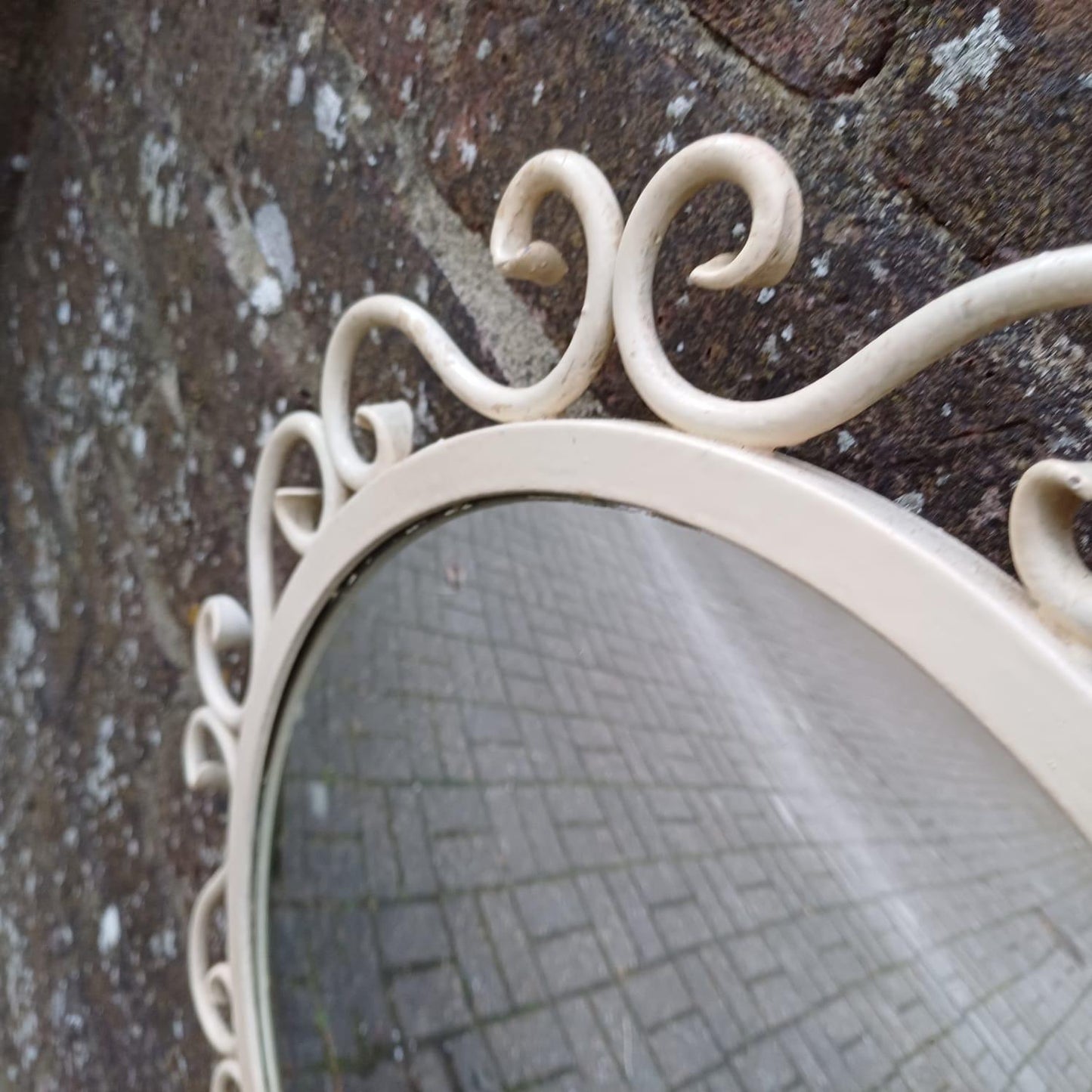 Vintage scrollwork round mirror with chain hanger and original wooden back - mid-century, French provincial revival - small wall mirror