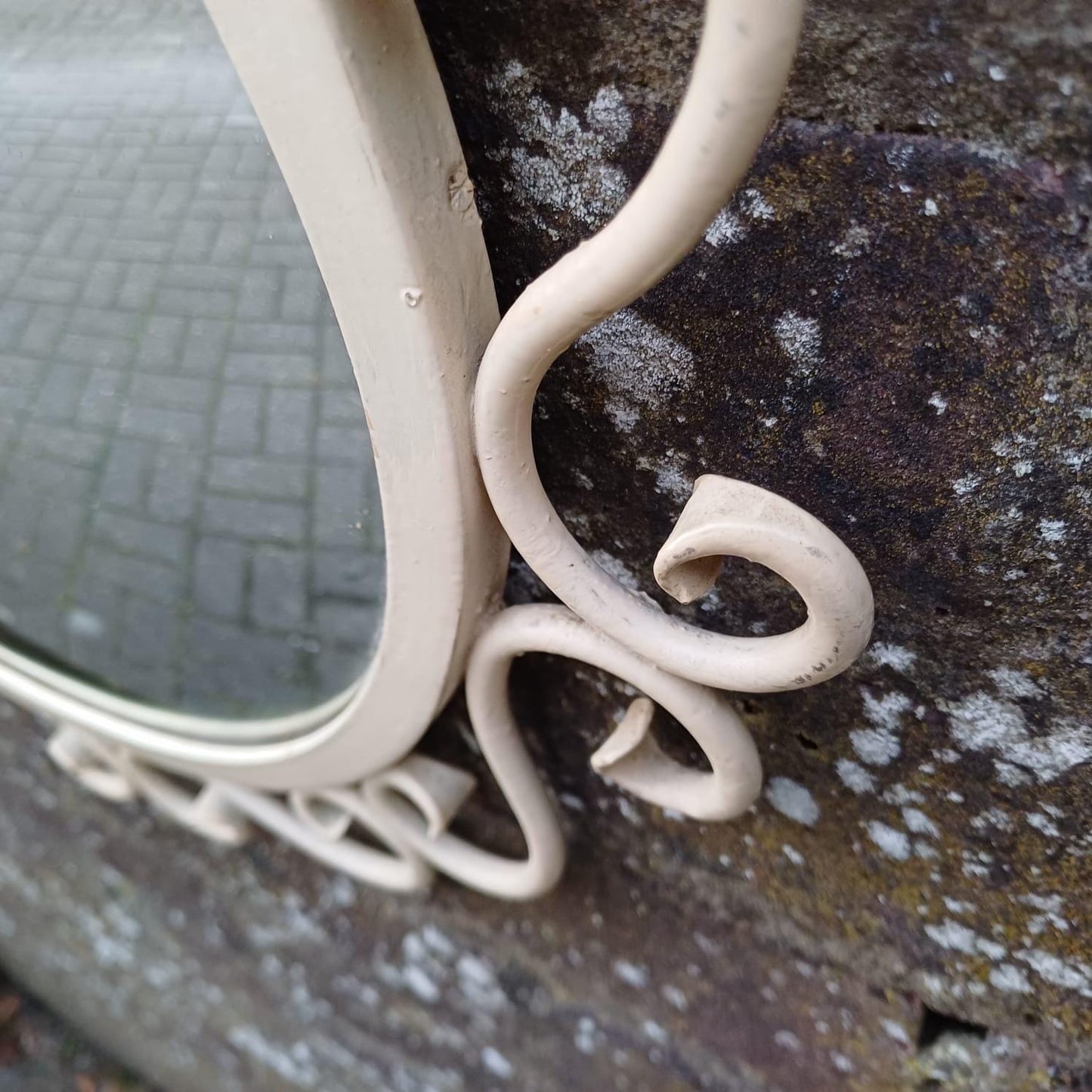 Vintage scrollwork round mirror with chain hanger and original wooden back - mid-century, French provincial revival - small wall mirror